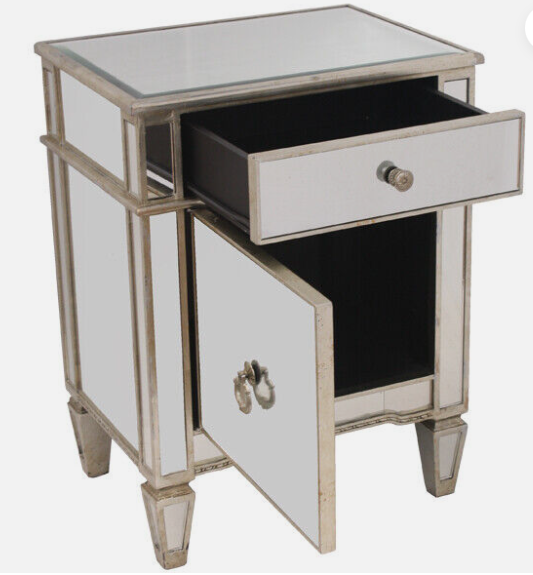 Mirrored Bedside Cabinet 1 Drawer 1 Door Antique Champagne Trim