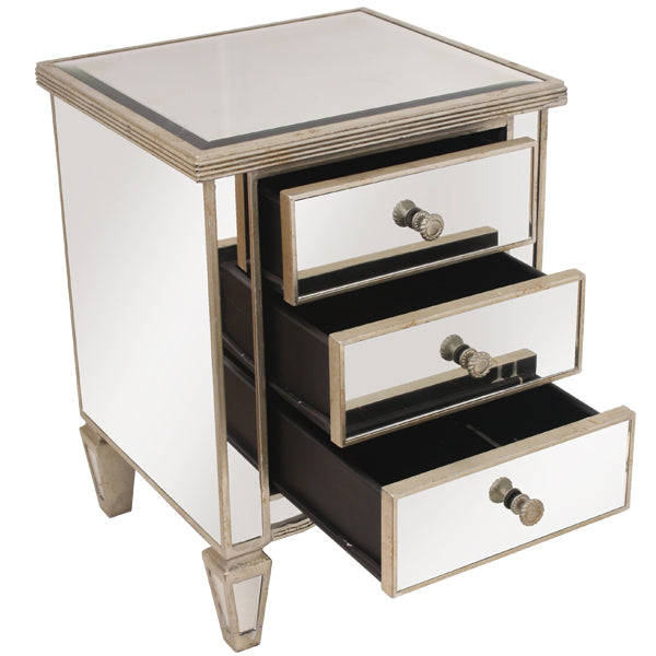 Mirrored Ribbed Bedside Table Antique Gold Leaf Hollywood Glam