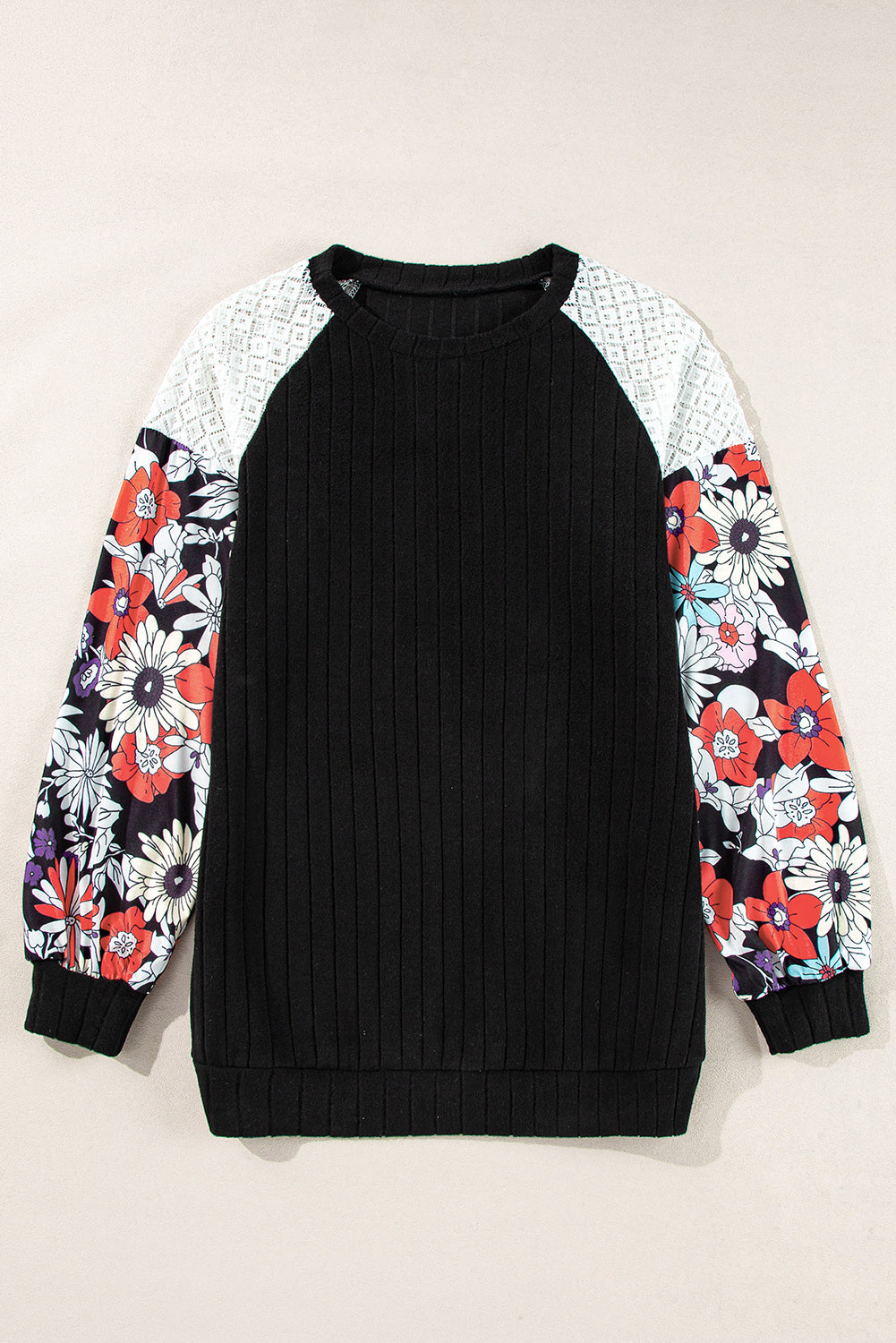 Women’s Laurel Green Floral Patchwork Ribbed Blouse with Long Sleeves