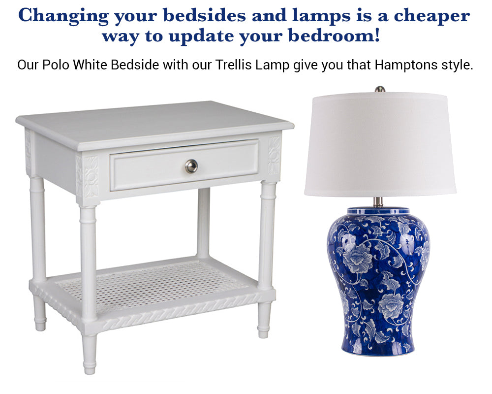 Polo Side Table White 60cm Bedside Table with Rattan Shelf Hamptons Style
