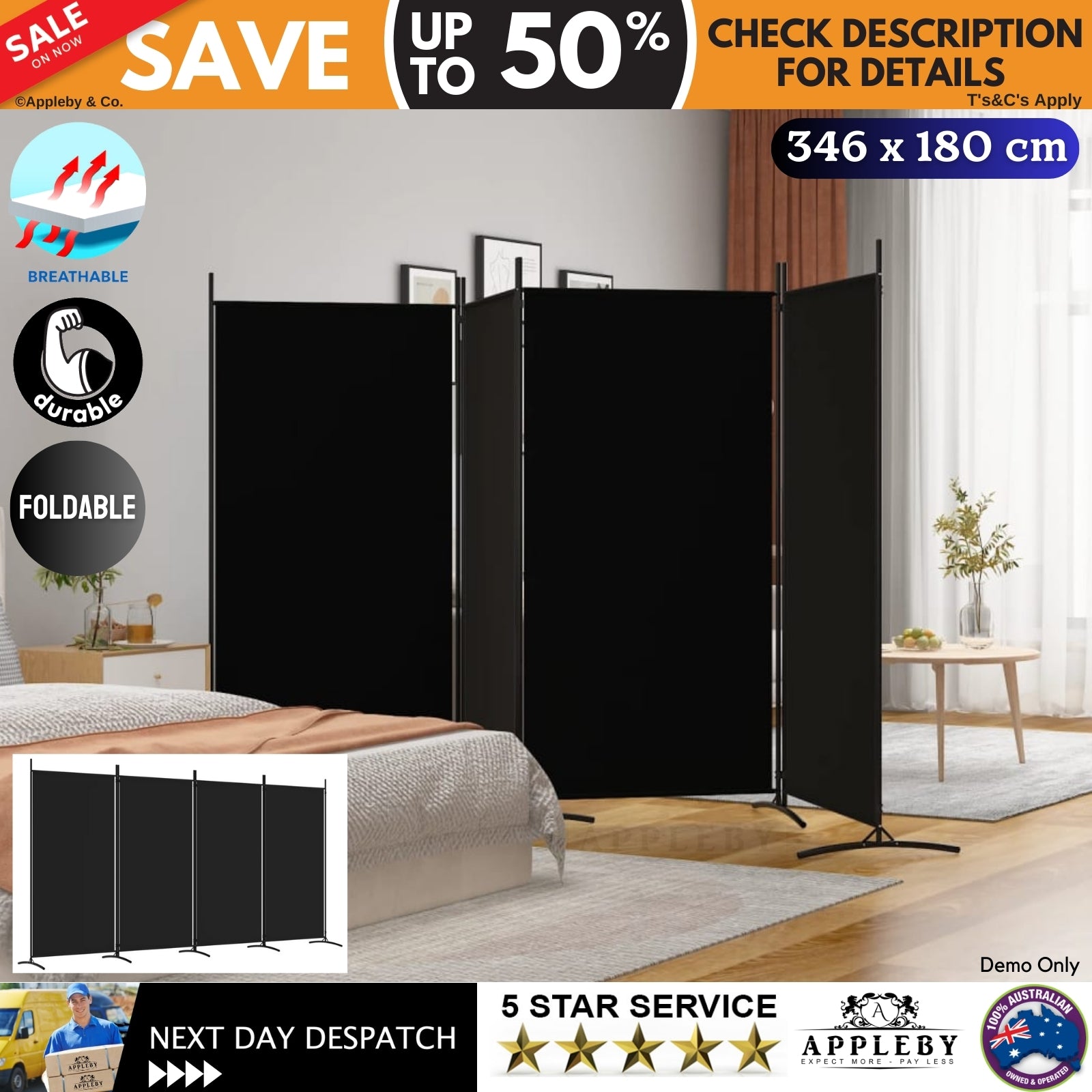4-Panel Room Divider Black 346x180 cm Fabric