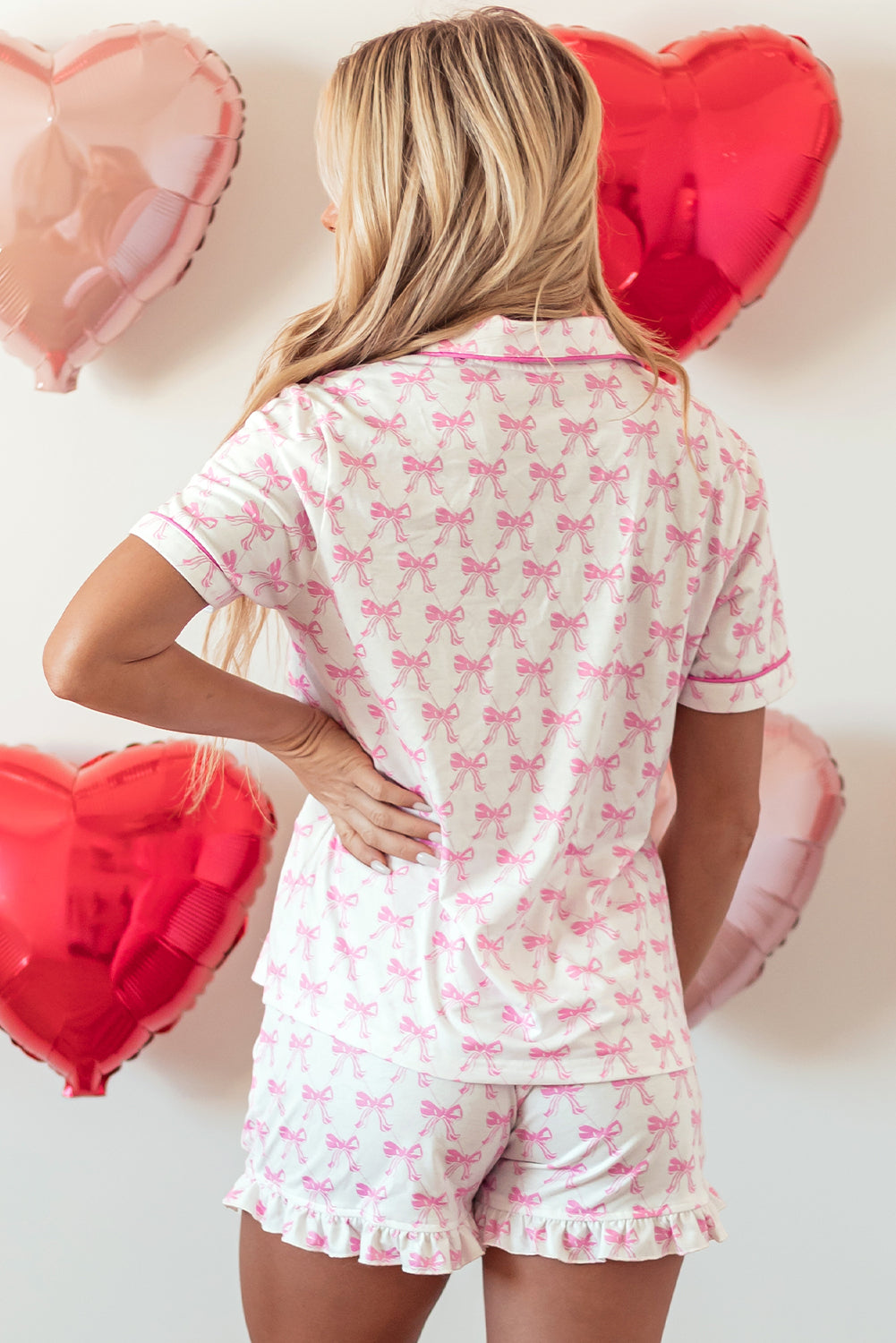 Pink Bowknot Printed Short Sleeve Ruffled Women’s Loungewear Pajama Set