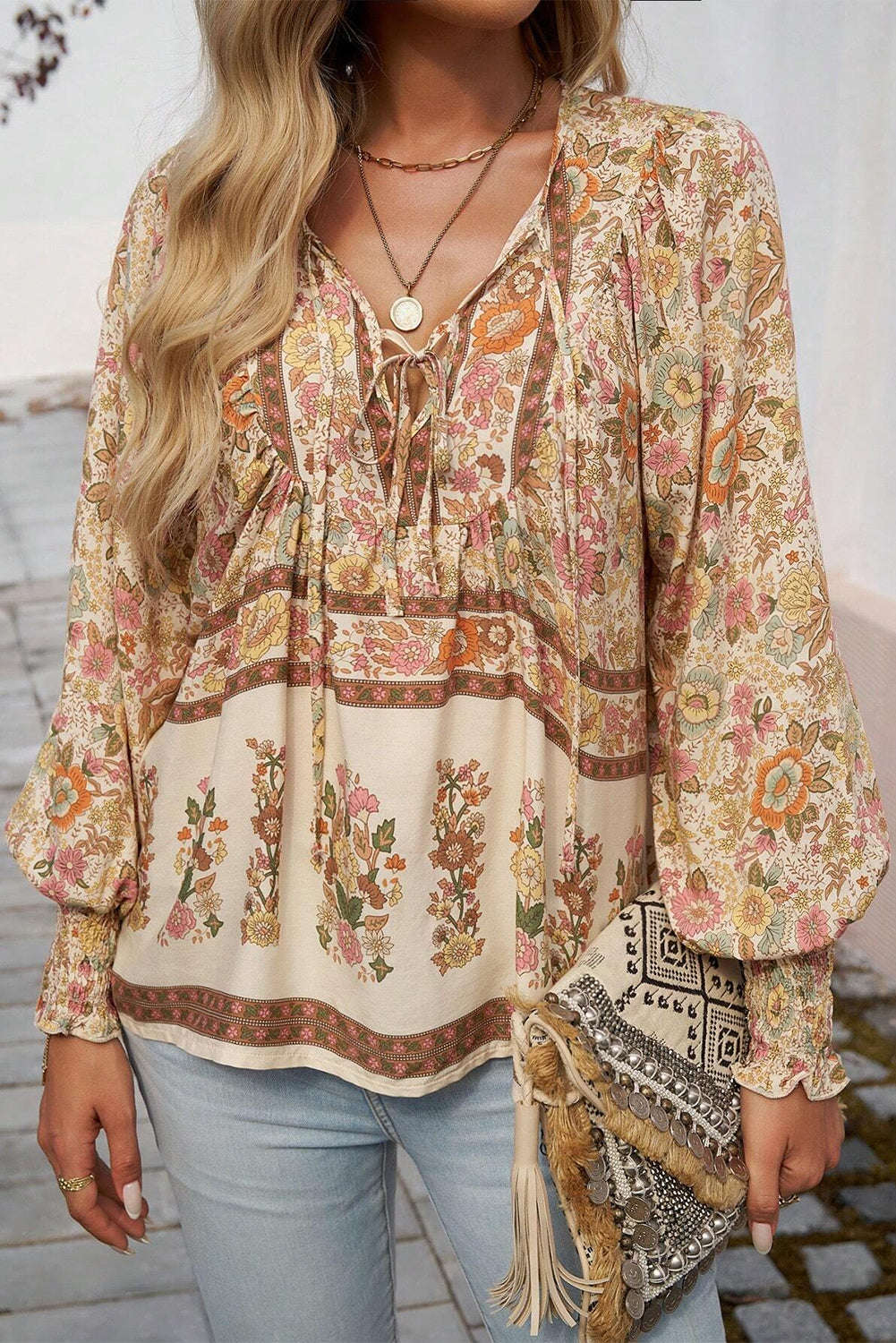 Yellow Floral Print Blouse Tie Neck Lantern Sleeve Casual Women’s Top