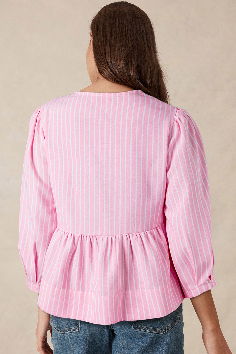 Pink Stripe Blouse Bowknot Front Crew Neck Puff Sleeve Casual Top