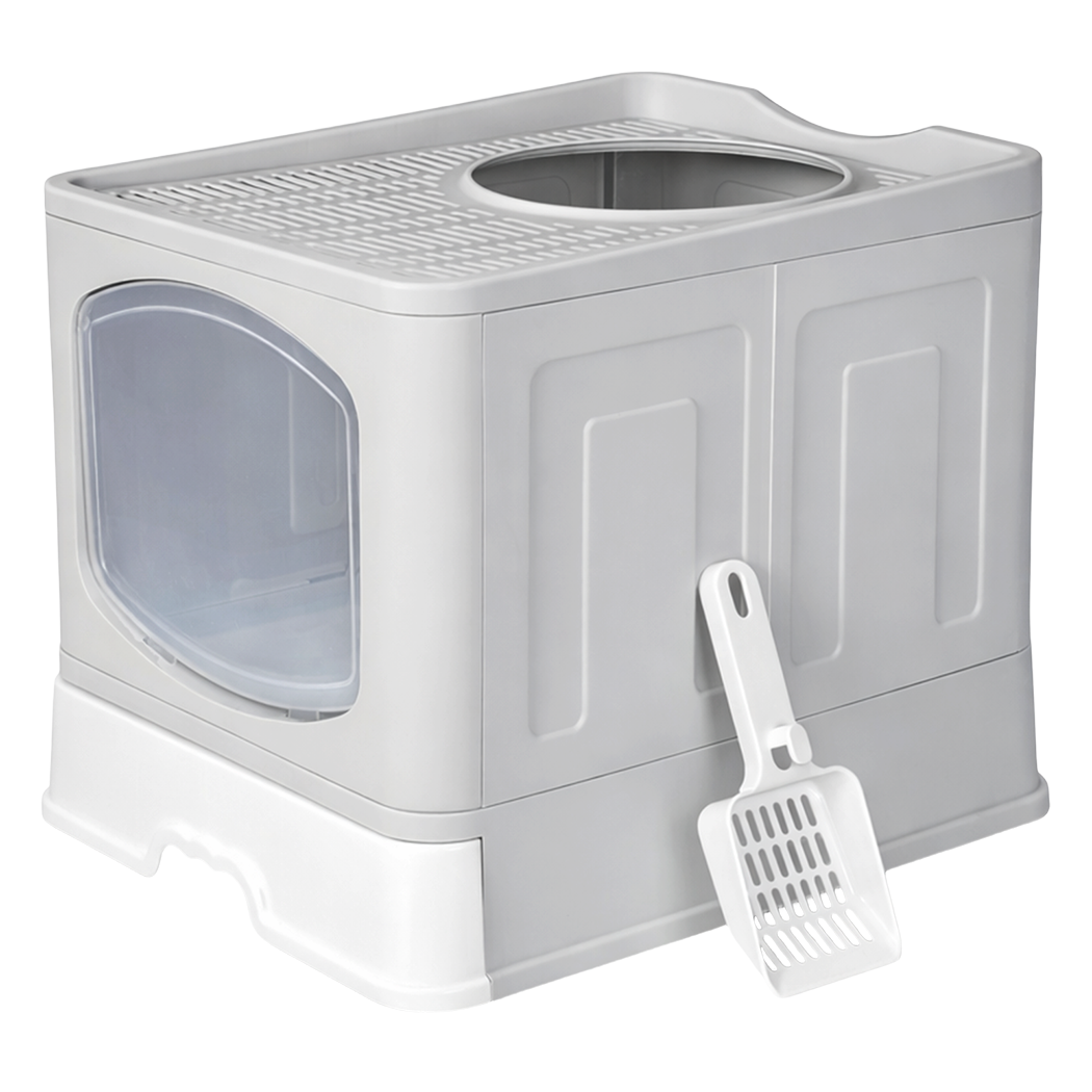 Pawz Large Cat Litter Box Foldable Top Entry Covered Litter Tray Scoop Grey-2065254305631440904