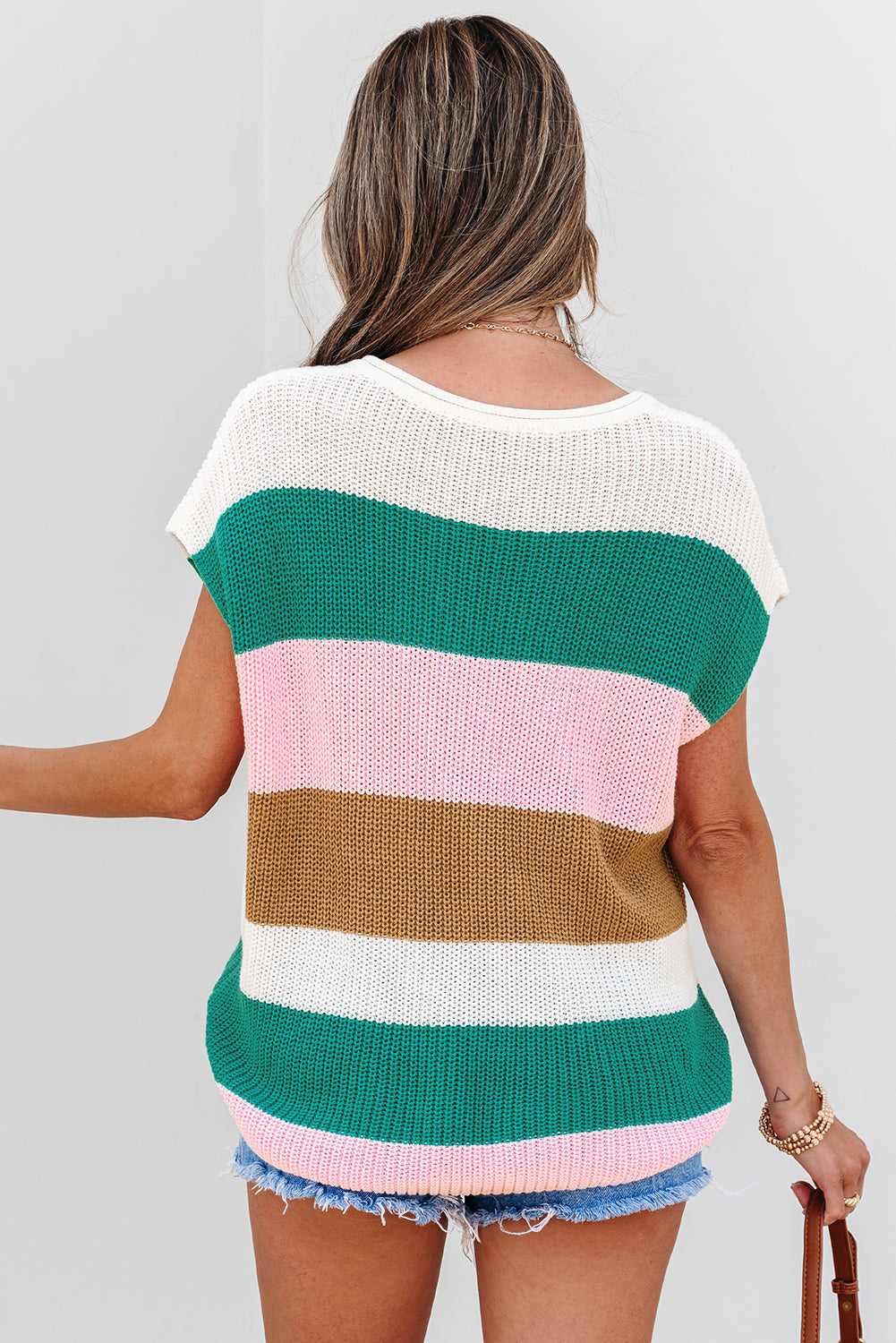 Light Blue Colour Block Notch V Neck Sweater T Shirt