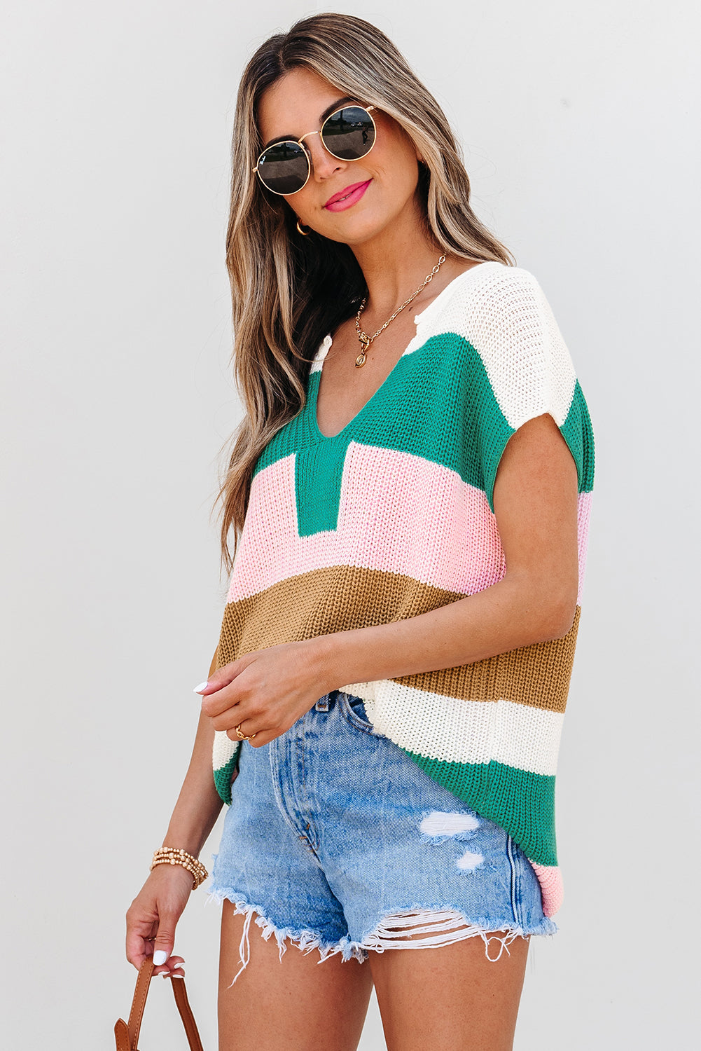 Light Blue Colour Block Notch V Neck Sweater T Shirt
