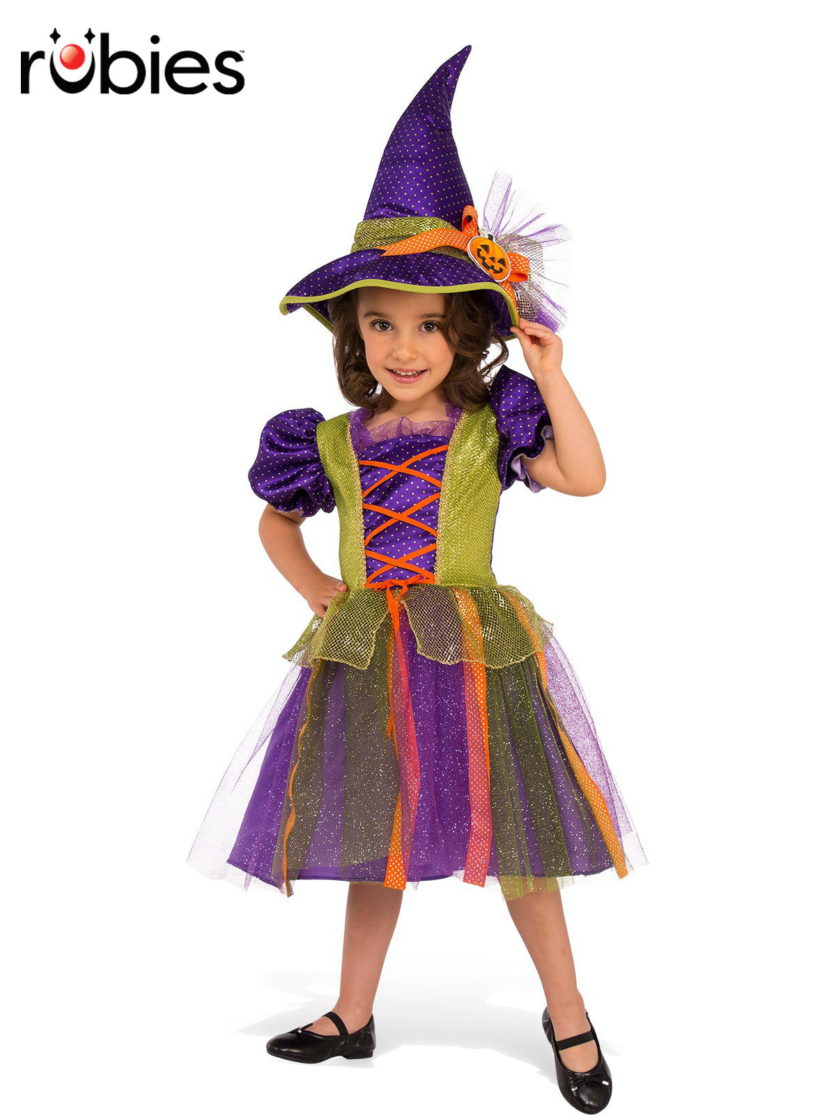 Girls Witch Costume for Halloween and Book Fun Day with Hat- Multi Colour