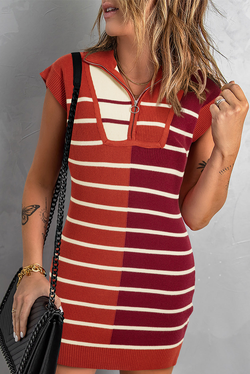 Black Stripe Colour Block Quarter Zip Collar Short Sleeve Sweater Dress
