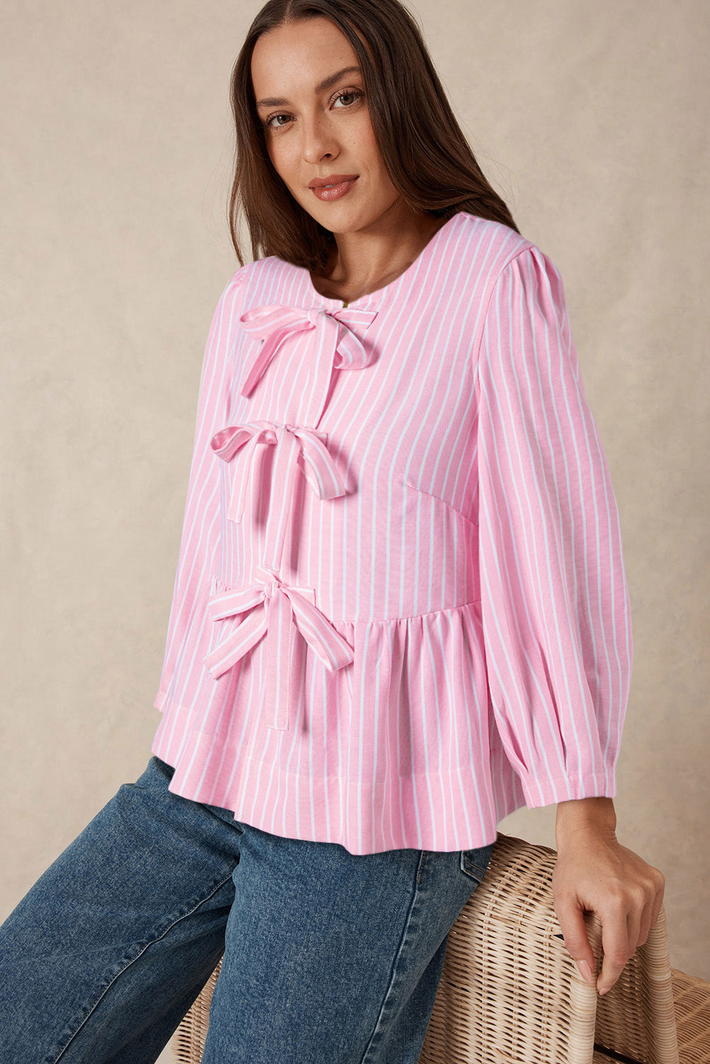 Pink Stripe Blouse Bowknot Front Crew Neck Puff Sleeve Casual Top