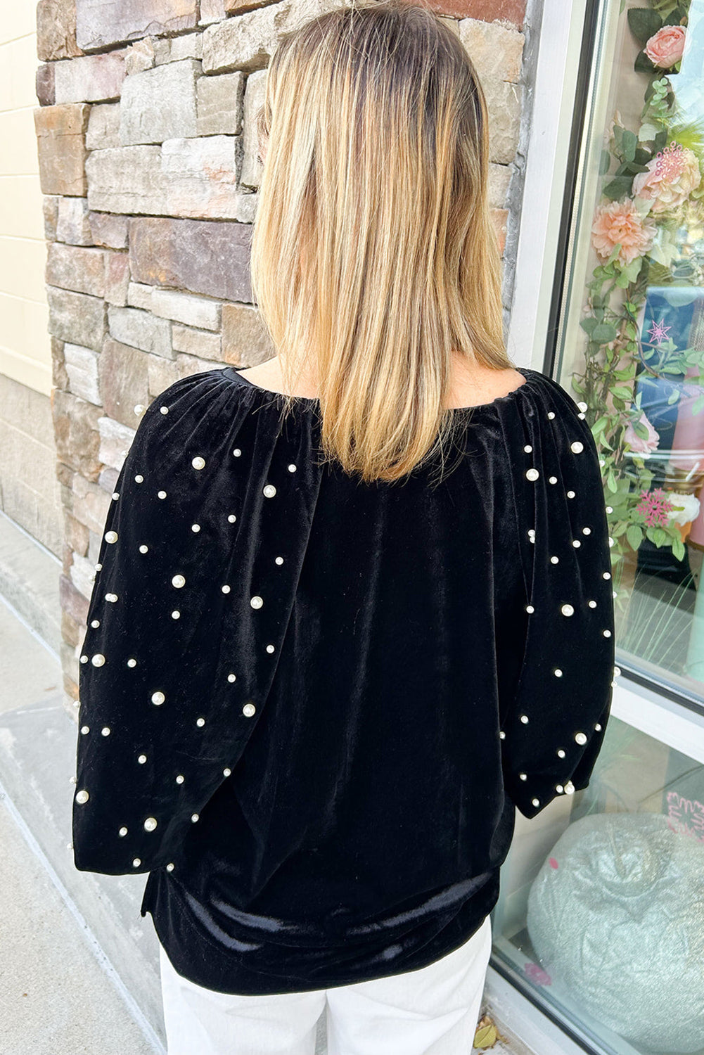 Black Velvet Top Pearl Beaded Half Sleeve Elegant Evening or Party Blouse