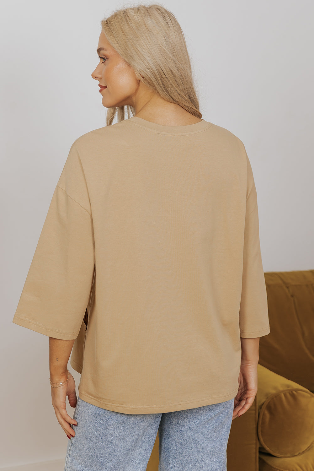 Camel Floral Star Patchwork 3/4 Sleeve Top Casual Loose Fit Women’s Top