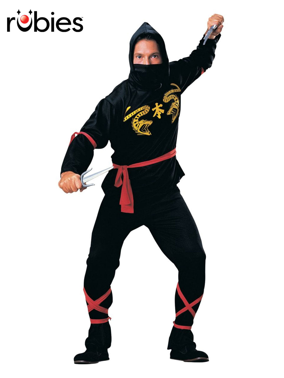 Ninja Costume Adult Black Warrior Outfit with Hood Mask Sash and Red Ties