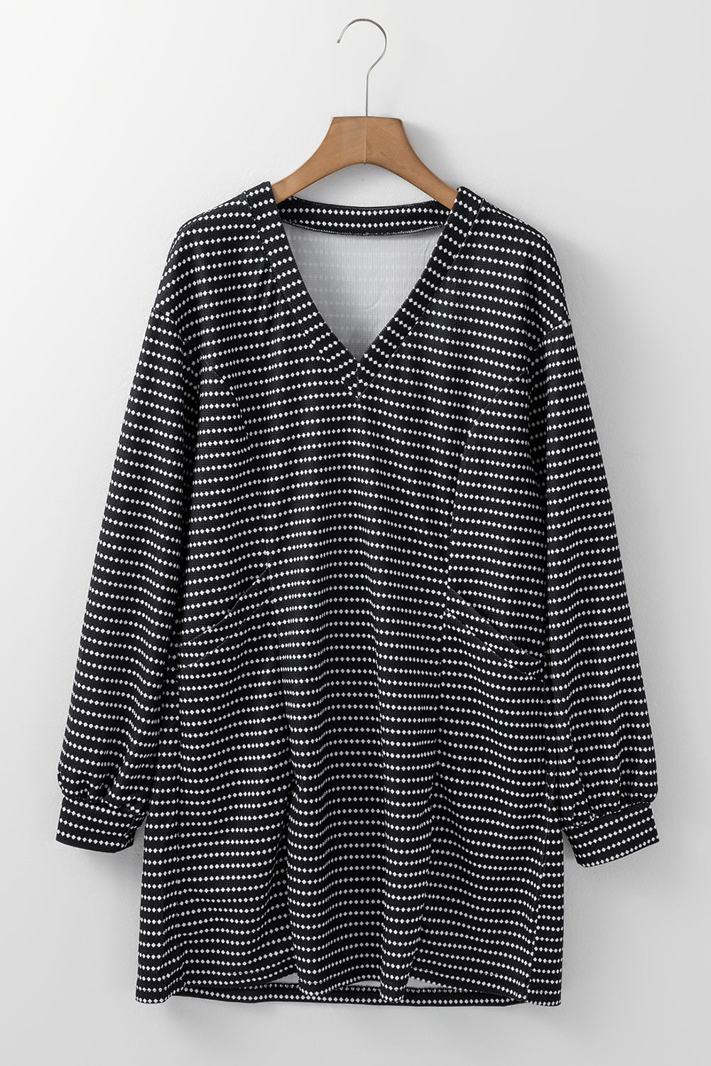Black Striped V-Neck Shift Dress Long Puff Sleeve Casual Mini Dress