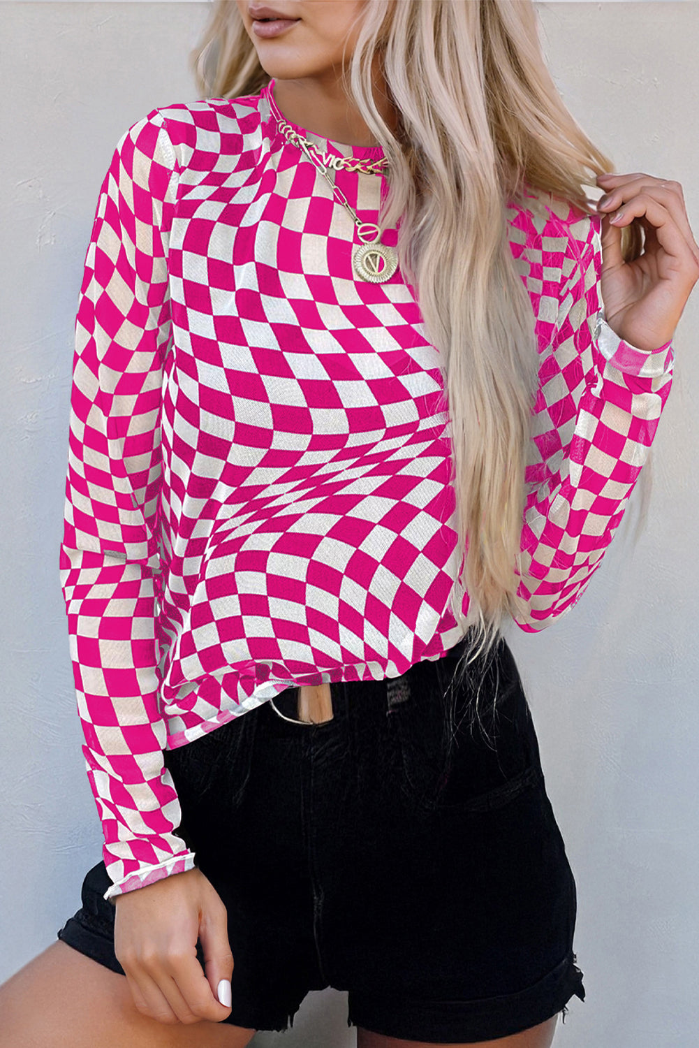 Women’s Black Checkered Mesh Top with Mock Neck and Long Sleeves for Stylish Look