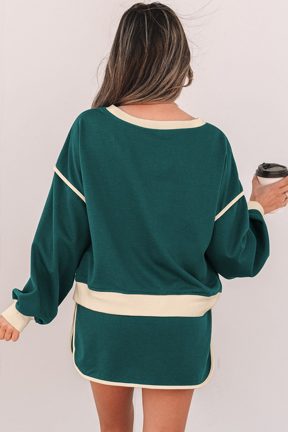 Women’s Evergreen Colour Contrast Loose Pullover with Lace-Up Waist Skort Set