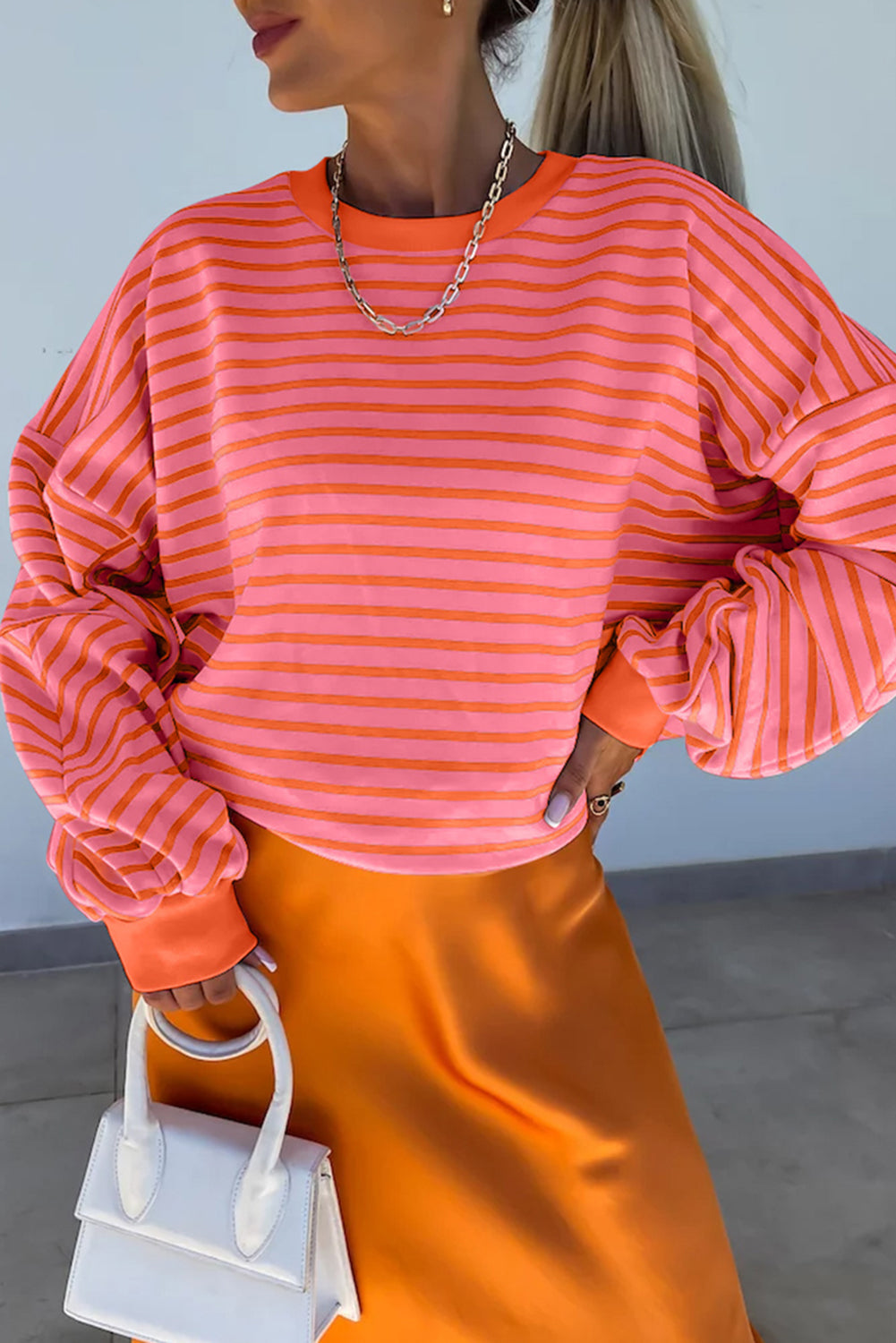 Women’s Orange Stripe Colour Block Loose Fit Collared Drop Shoulder Sweatshirt