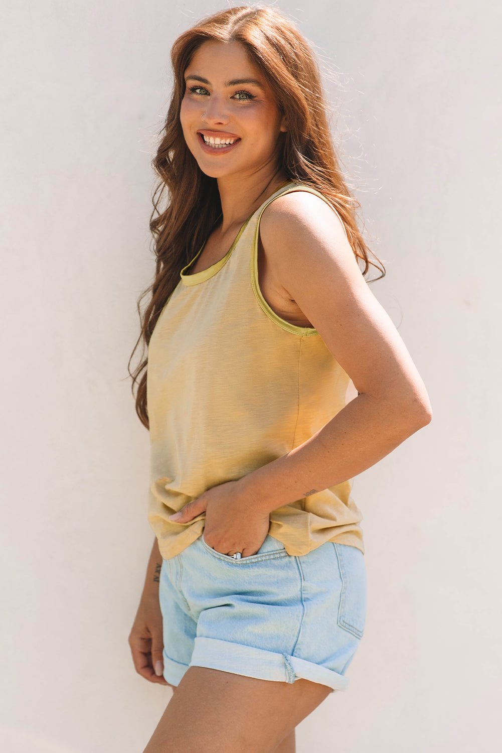 Tan Metallic Sheen Edge Scoop Neck Women’s Tank Top