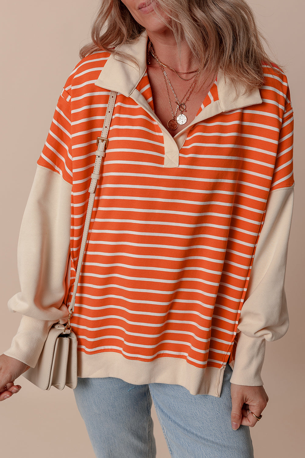 Women’s Orange Stripe Colour Block Loose Fit Collared Drop Shoulder Sweatshirt