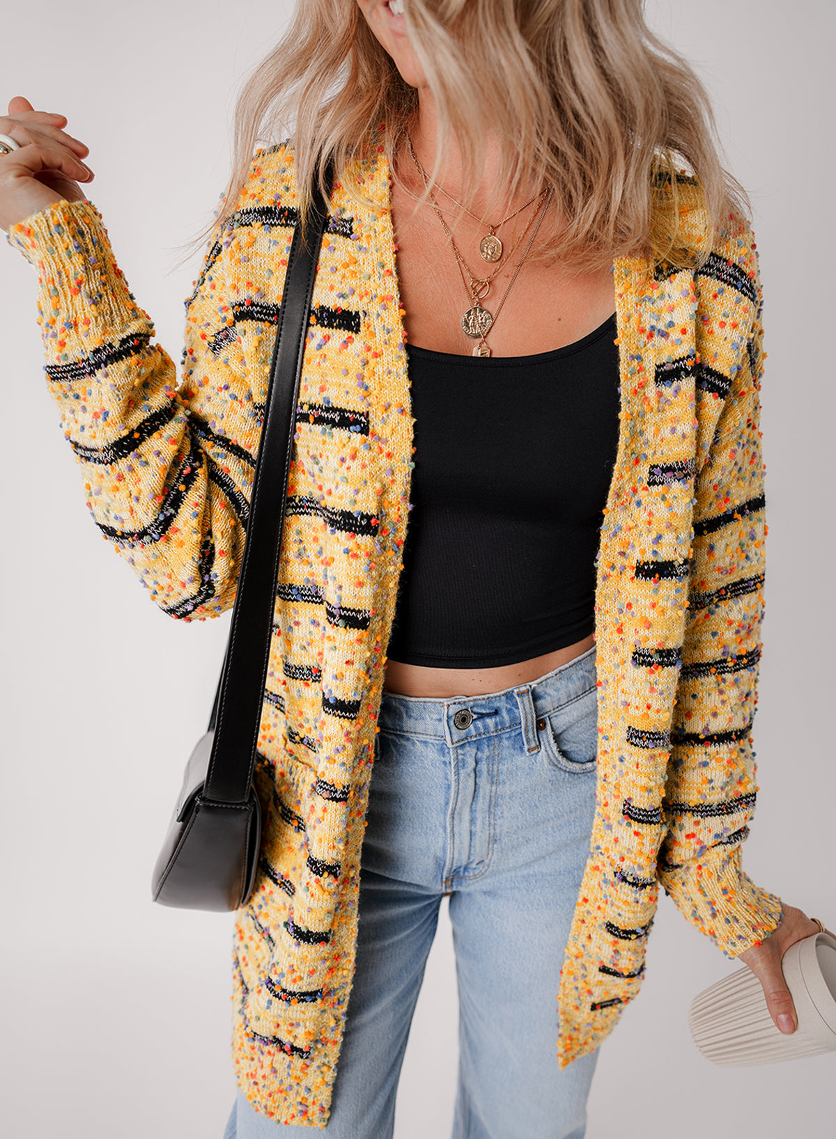 Beige Striped Pom Pom Knit Cardigan Open Front Long Sleeve Casual Sweater