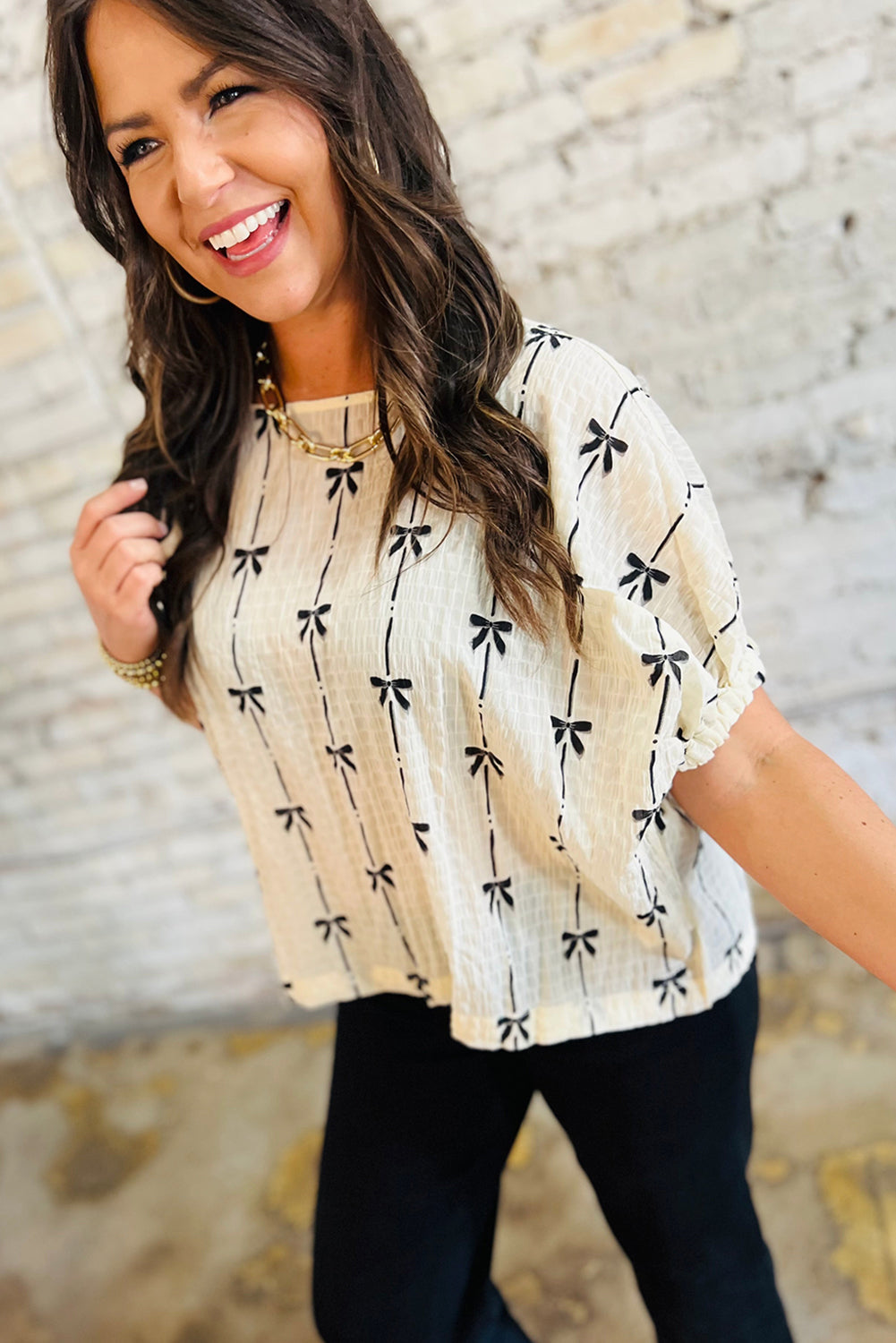 Women’s Beige Bow Print Puff Short Sleeve Top