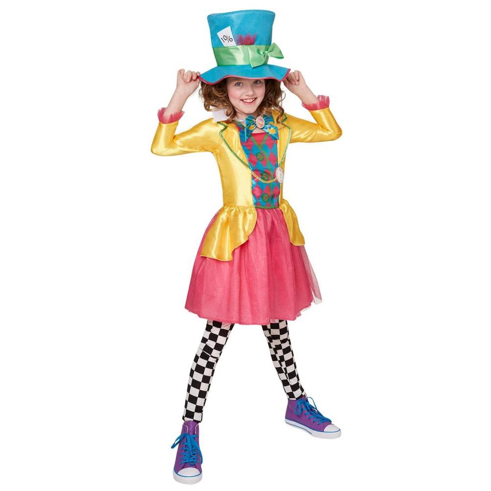 Disney Alice in Wonderland Mad Hatter Girls Costume – Satin Dress, Collar & Hat, Multi Colour