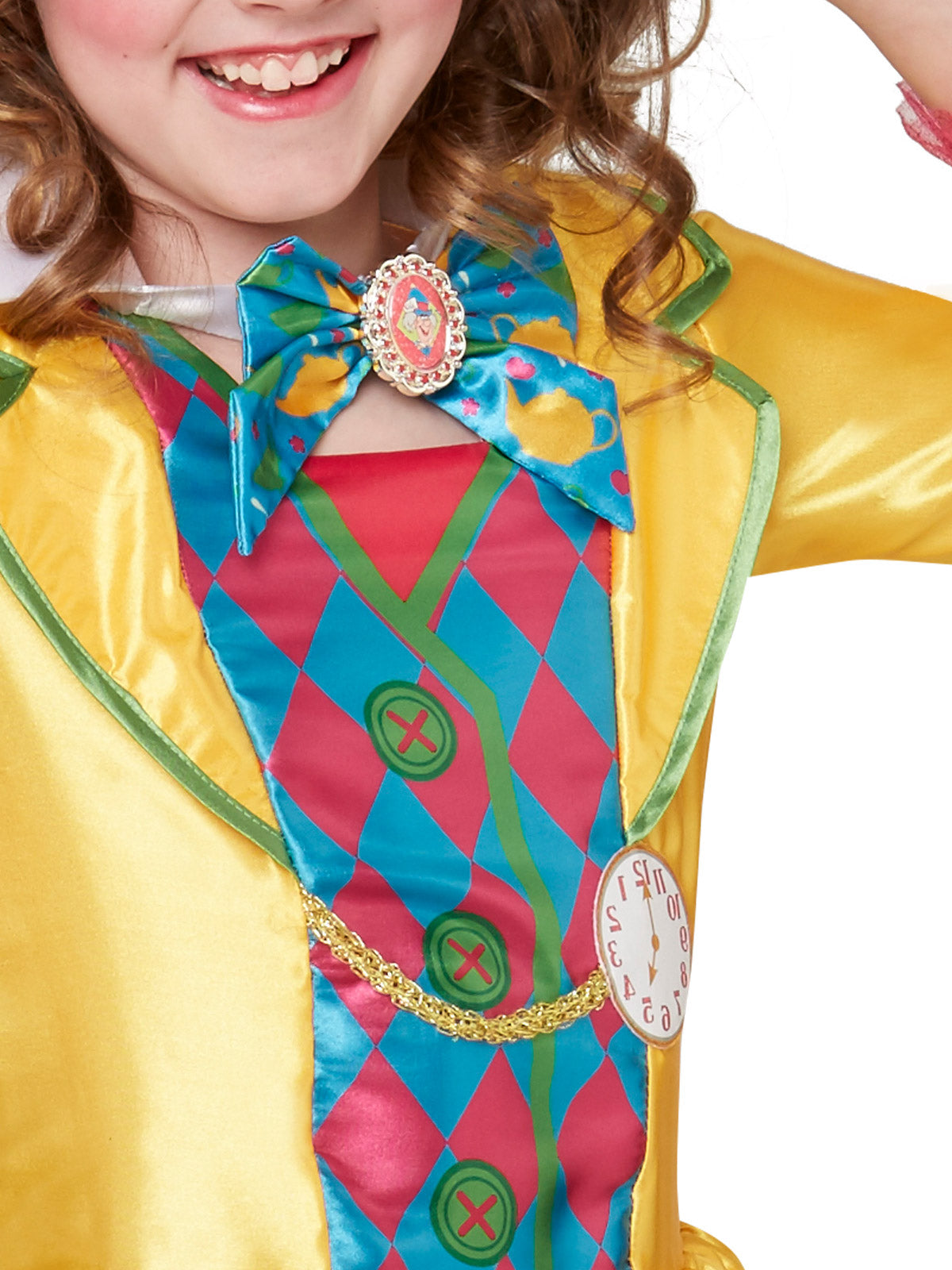 Disney Alice in Wonderland Mad Hatter Girls Costume – Satin Dress, Collar & Hat, Multi Colour