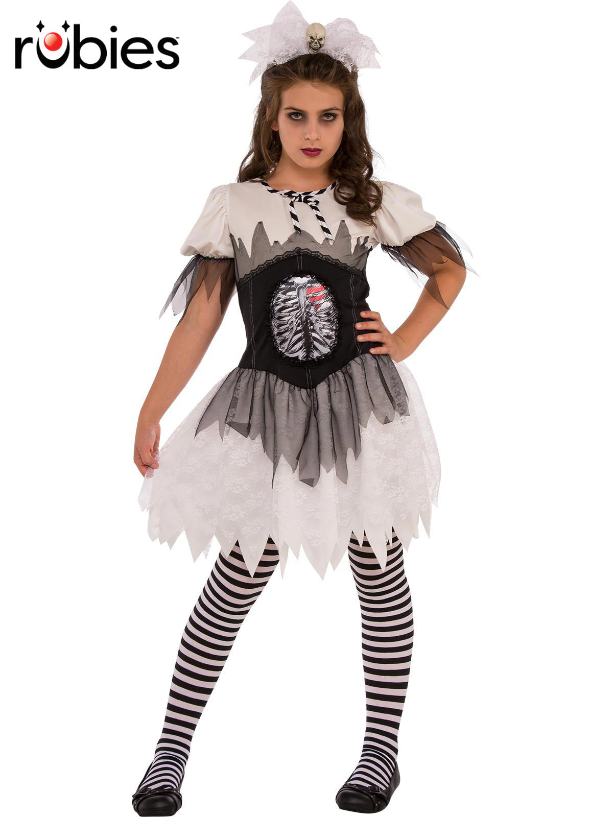 Teen Skeleton Costume with Rib Cage Dress, Striped Leggings and Skull Headband