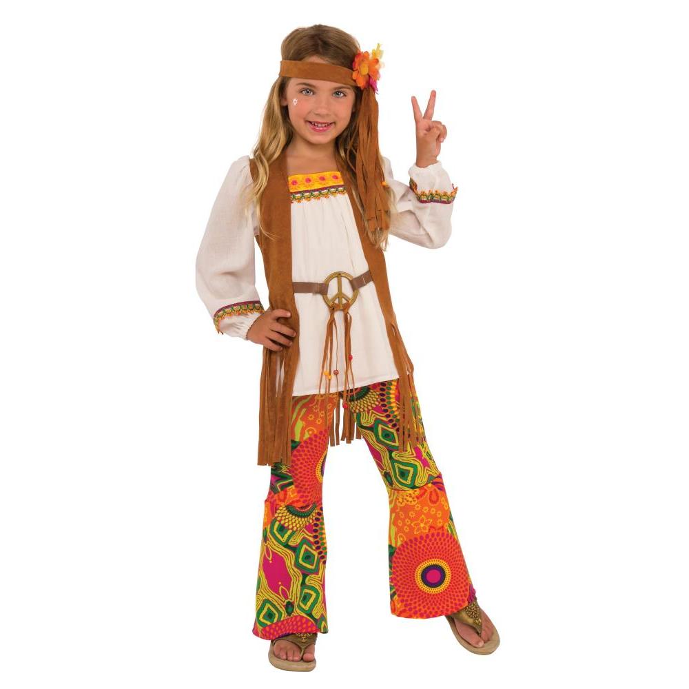 Kids Hippie Costume – 60s 70s Flower Power Outfit with Flared Pants and Headband Multi Colour