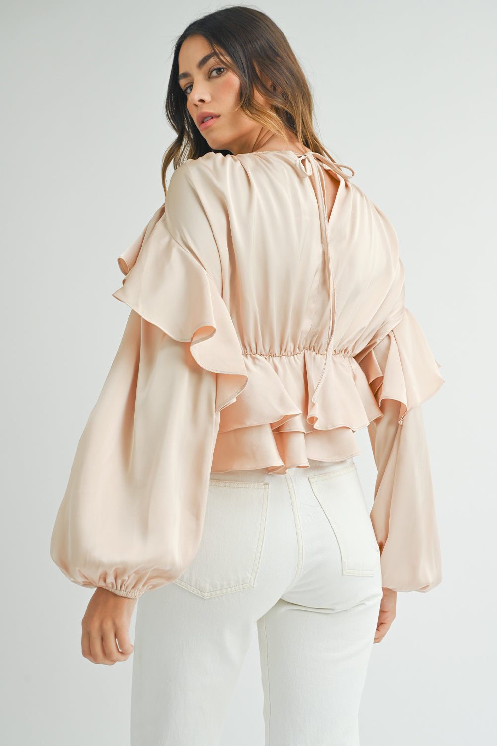 Oatmeal Lace Up Keyhole Back Ruffled Peplum Women’s Blouse