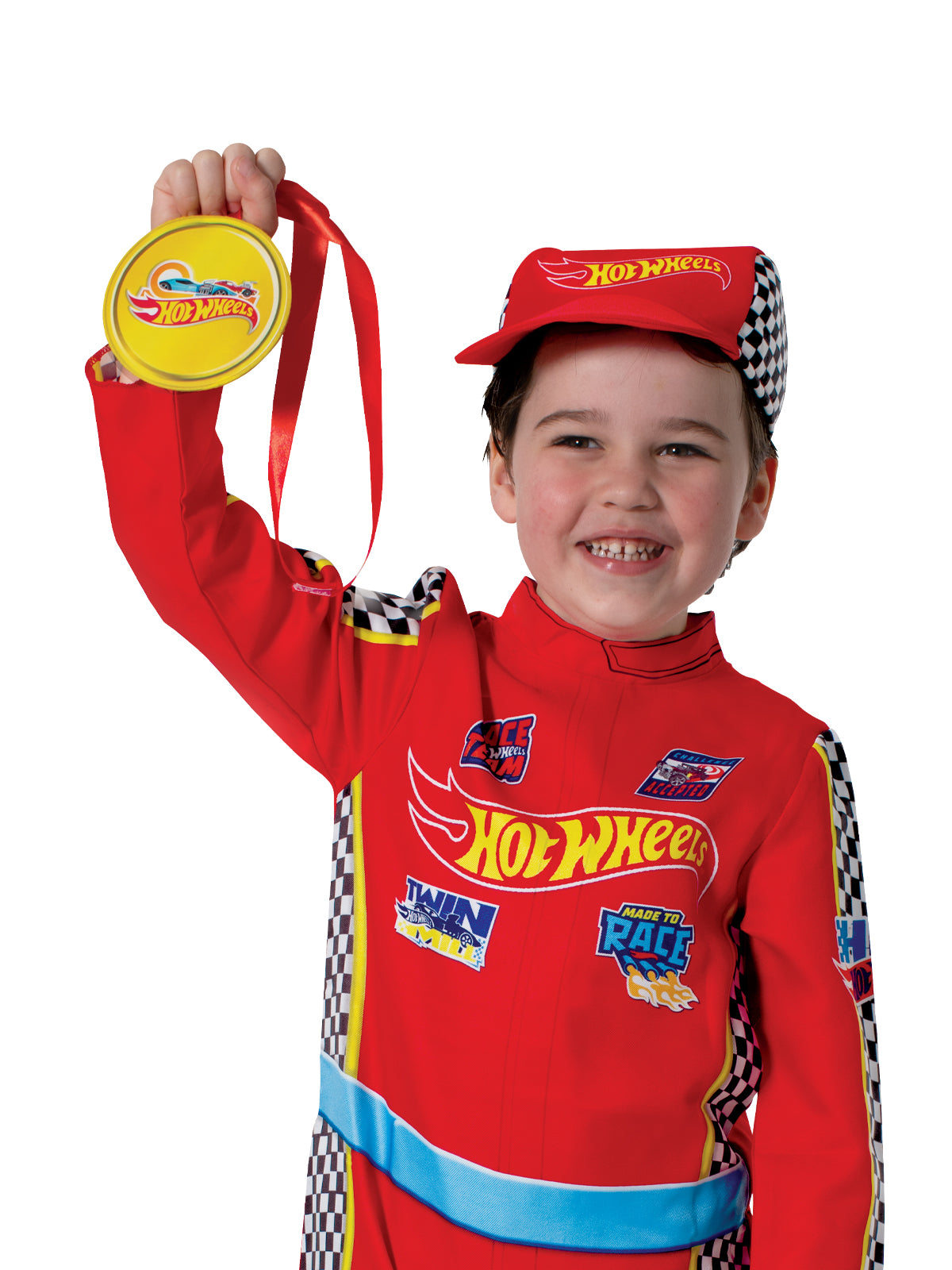 Hot Wheels Race Car Driver Costume for Kids with Cap and Medal Mattel Official Licensed Red Colour