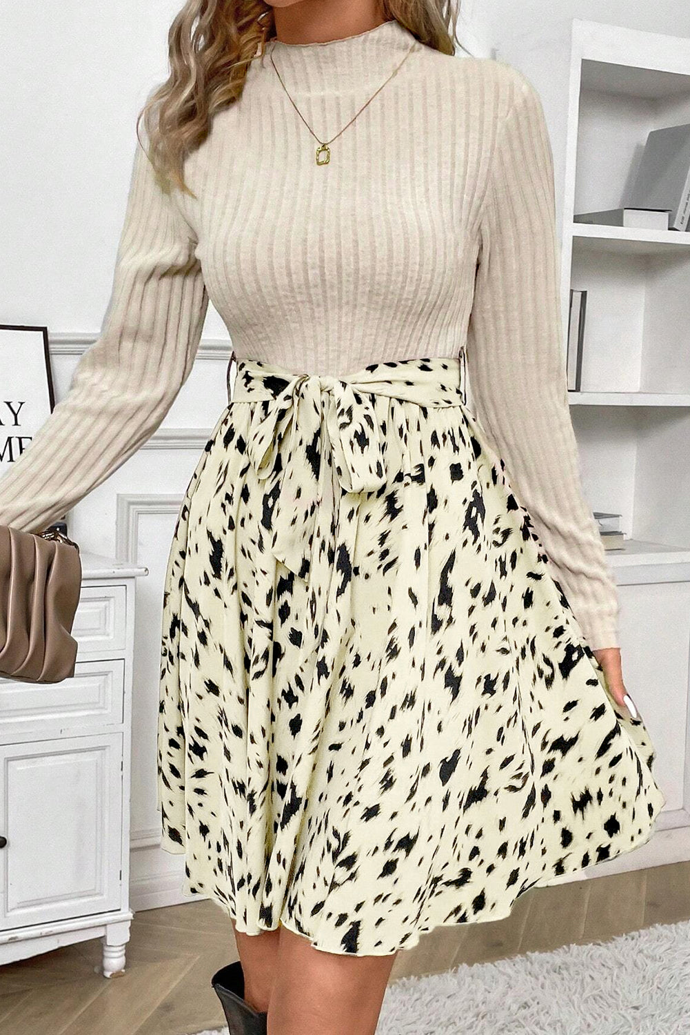 Beige Ribbed Knit Patchwork Printed Belted A Line Women’s Dress
