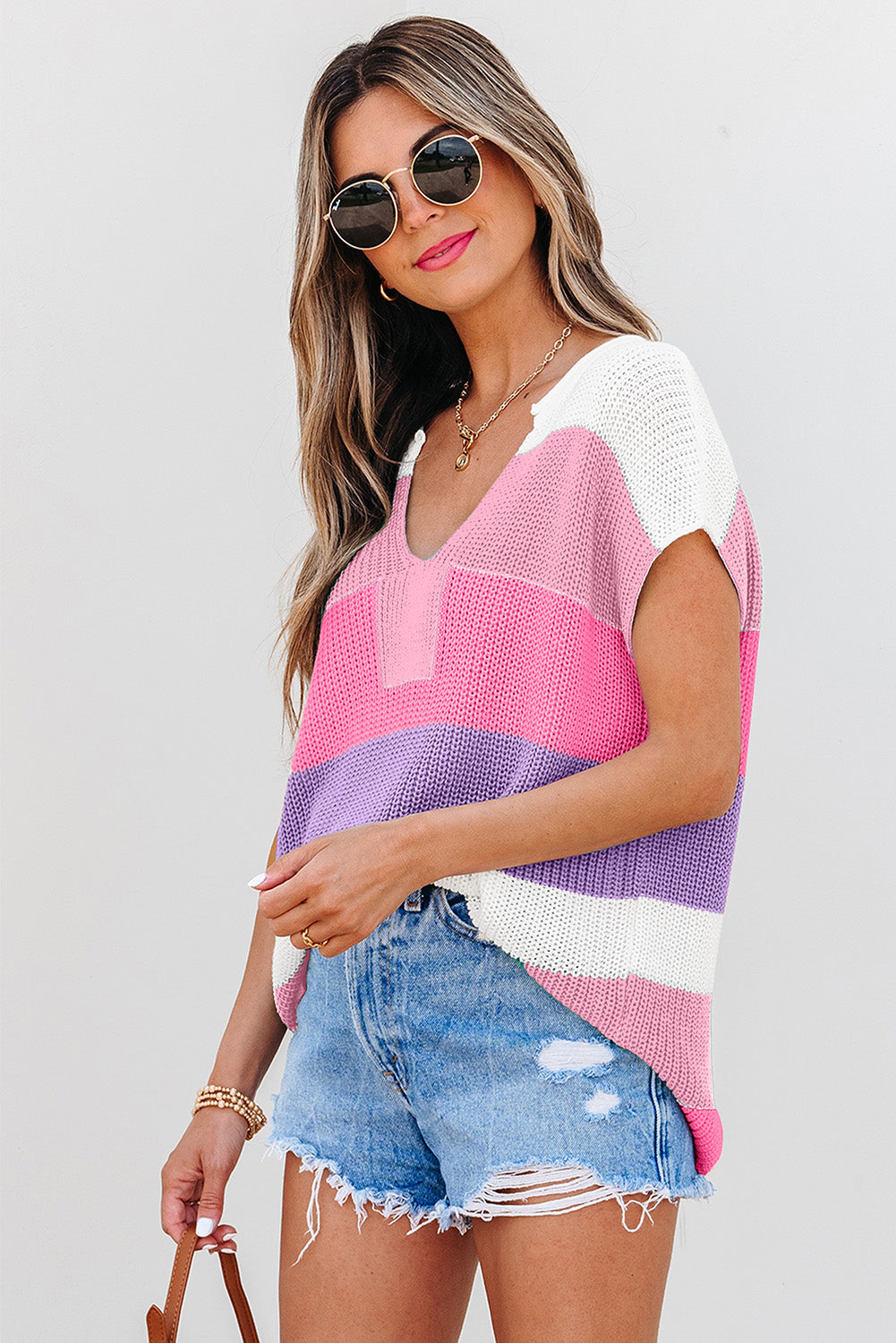 Pink Colour Block Notch V Neck Sweater T Shirt