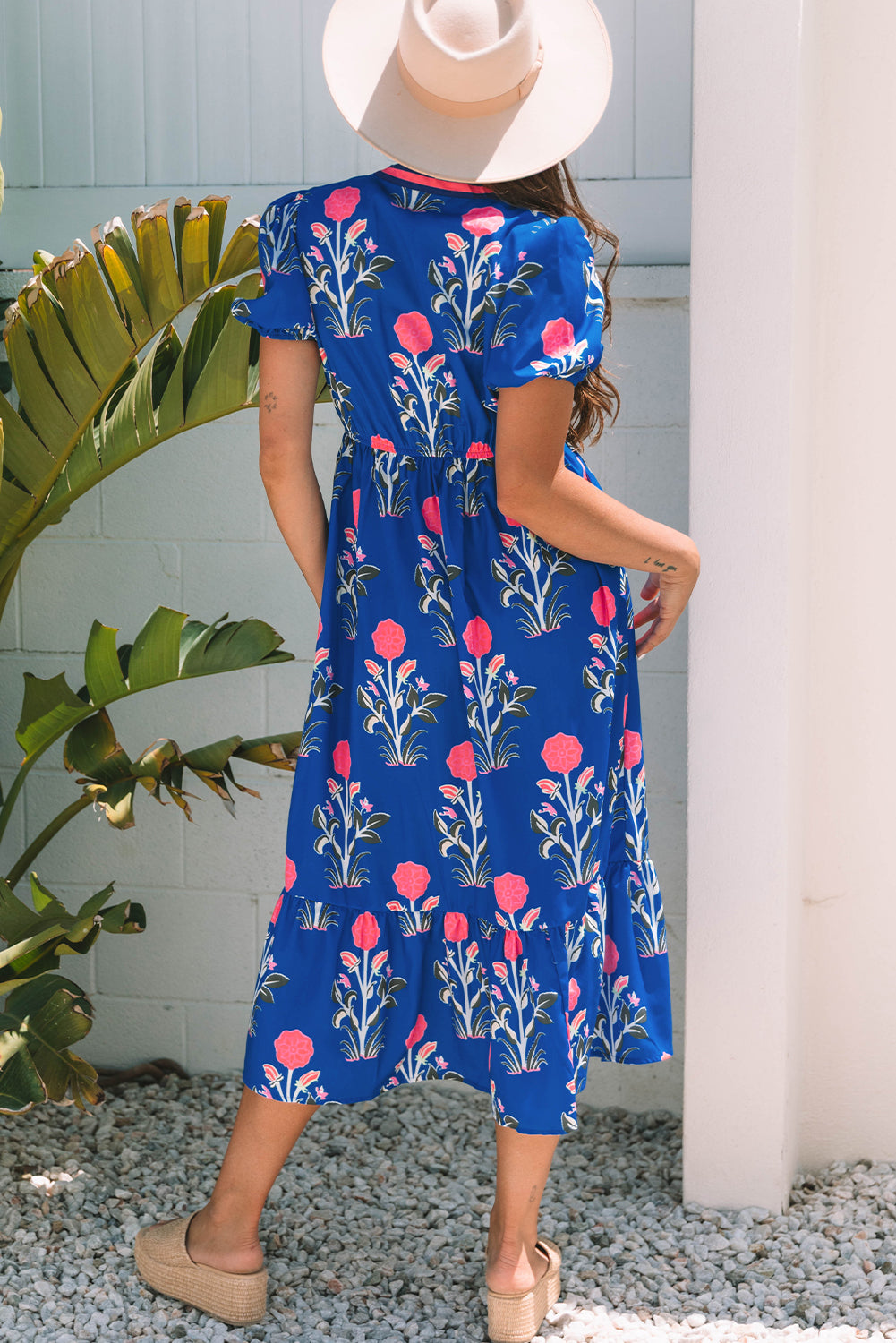 Women’s Sky Blue Floral Maxi Dress with Puff Short Sleeves, V Neck, and High Waist