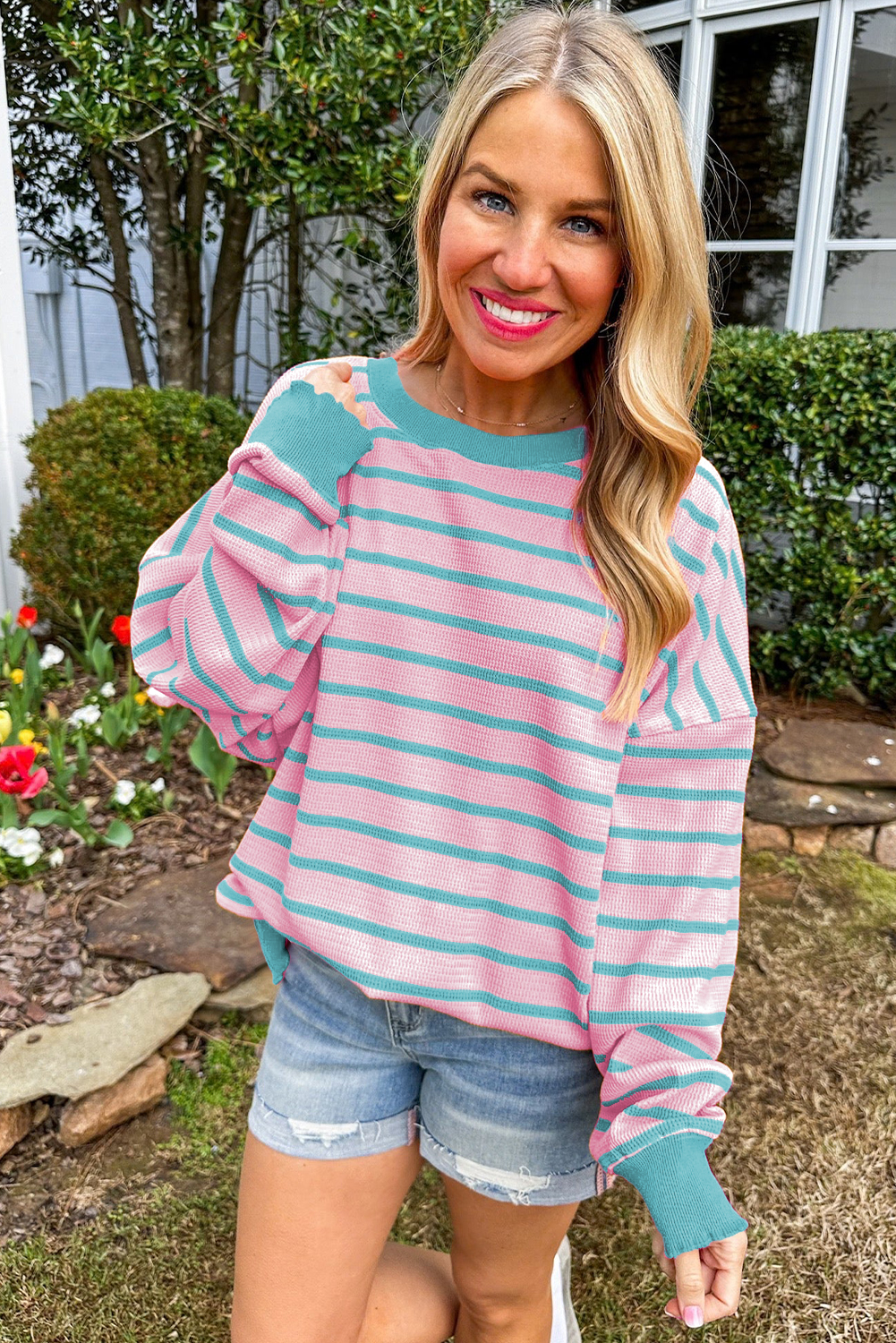 Orange Stripe Trimmed Round Neck Drop Shoulder Women’s Loose Sweater