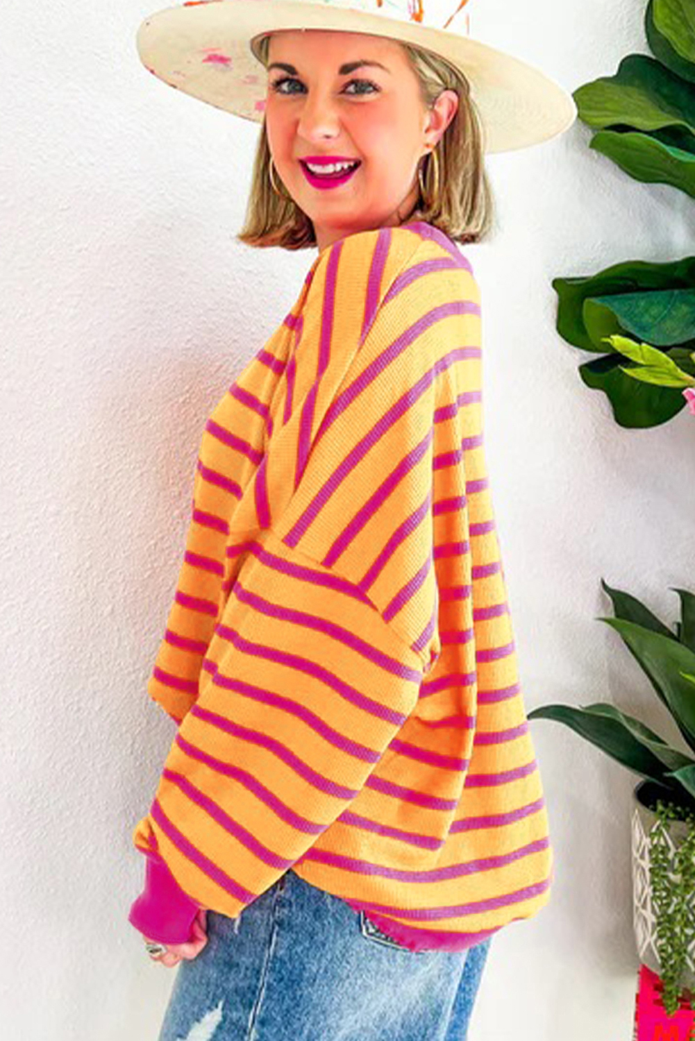 Orange Stripe Trimmed Round Neck Drop Shoulder Women’s Loose Sweater