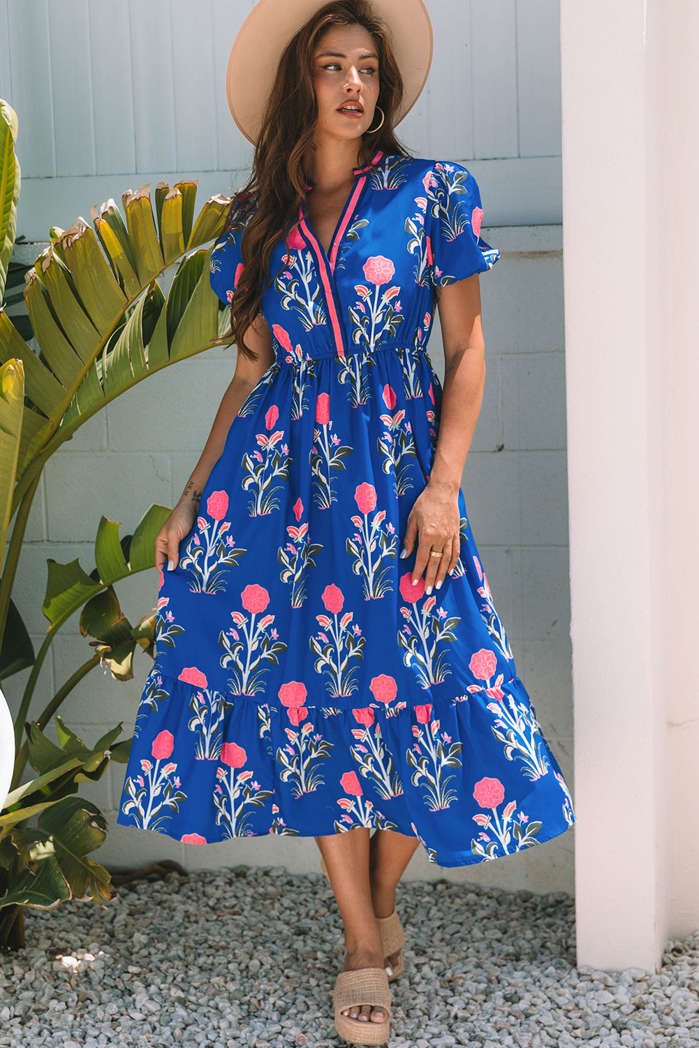 Women’s Sky Blue Floral Maxi Dress with Puff Short Sleeves, V Neck, and High Waist