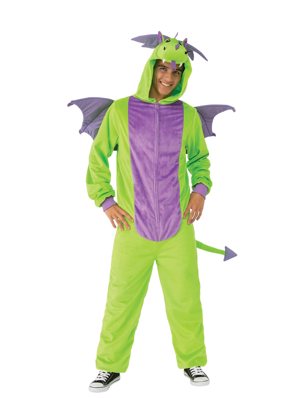 Kids Dragon Costume Onesie – Hooded Plush Jumpsuit with Tail and Detachable Wings Green Colour