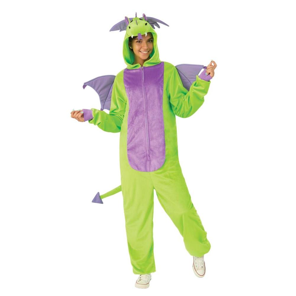 Kids Dragon Costume Onesie – Hooded Plush Jumpsuit with Tail and Detachable Wings Green Colour