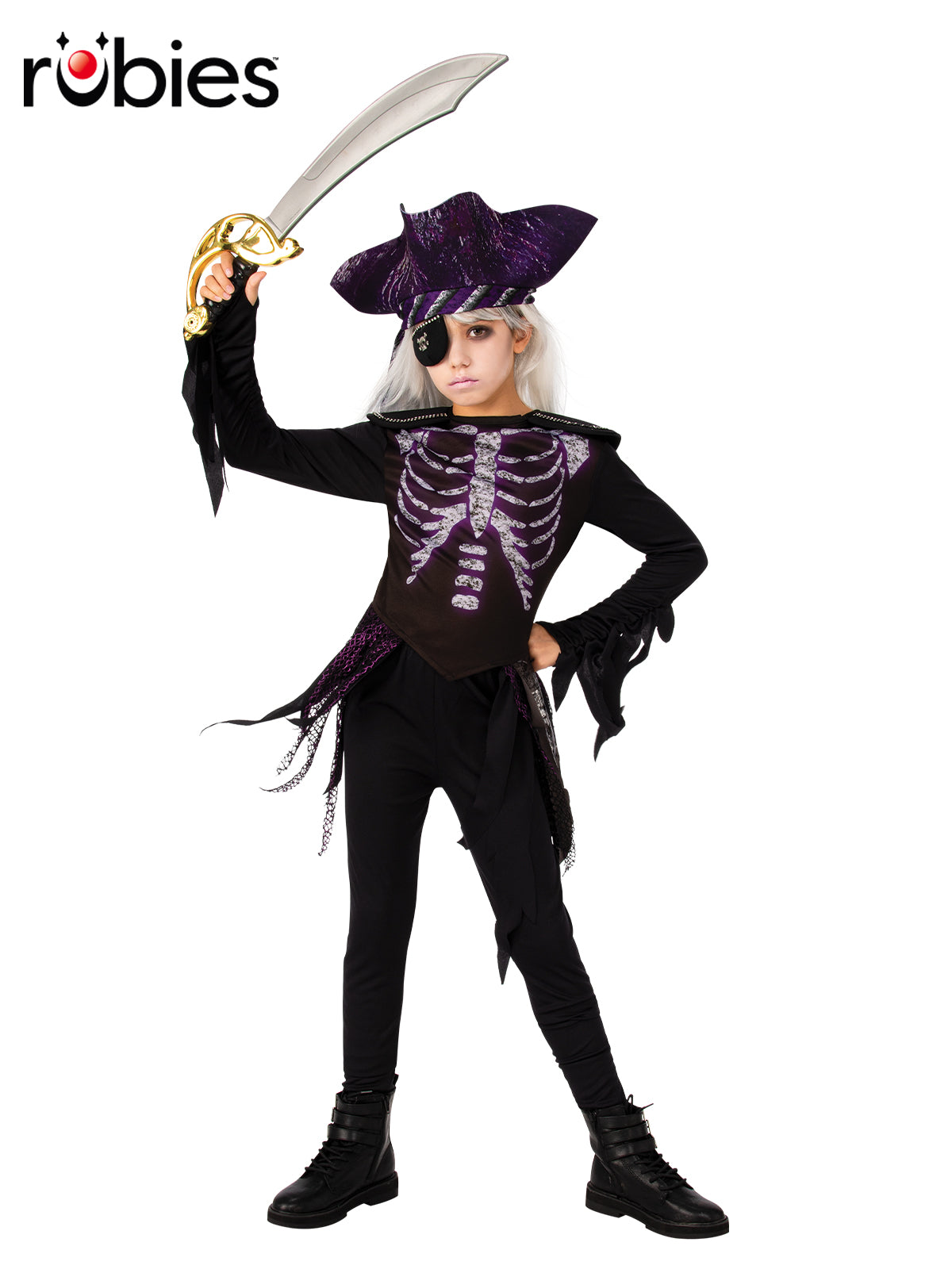 Ghost Ship Pirate Girl Kids Halloween Costume with Shirt Leggings Hat and Eye Patch