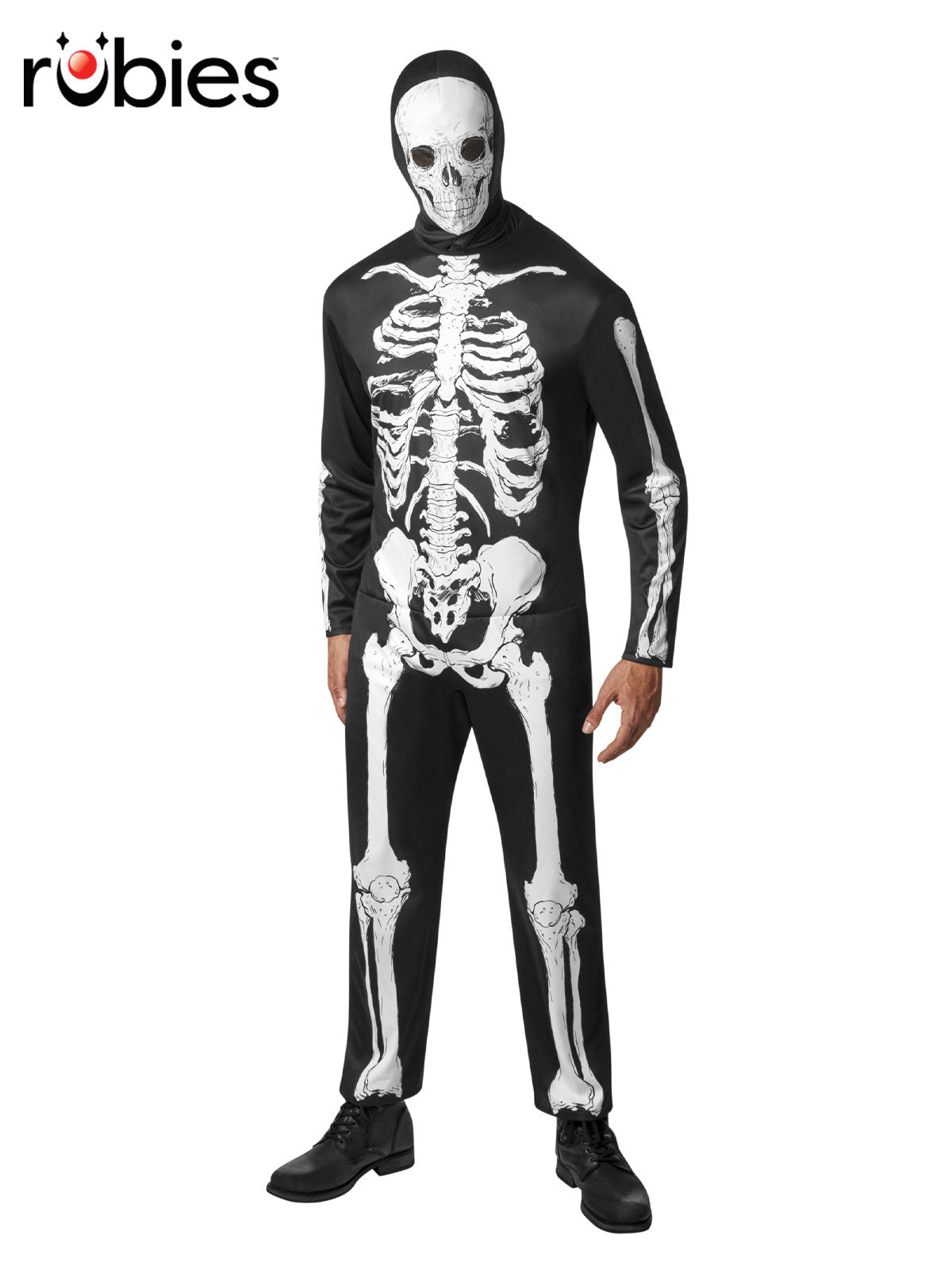 Adult Skeleton Costume Jumpsuit with Skull Hood Scary Halloween Outfit