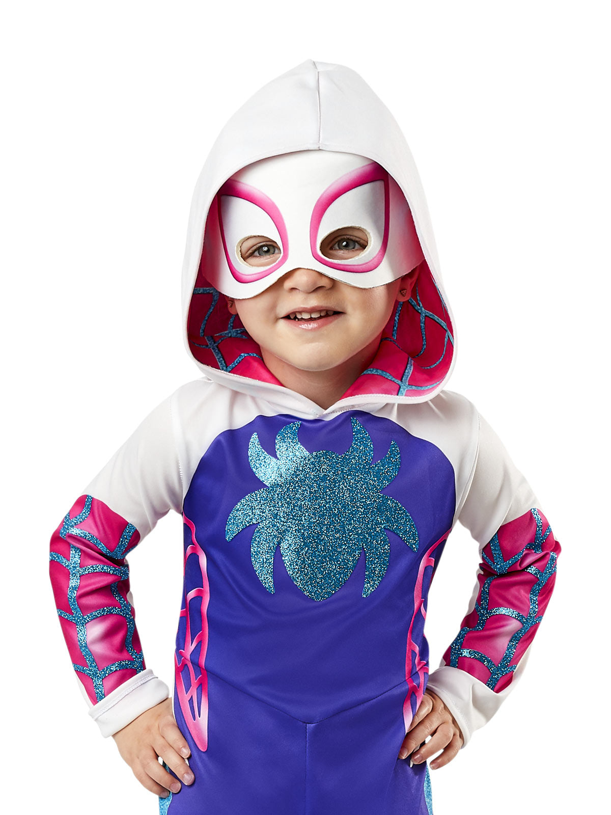 Kids Ghost Spider Costume Marvel Rising – Deluxe Jumpsuit with Hood and Mask White Purple Colour