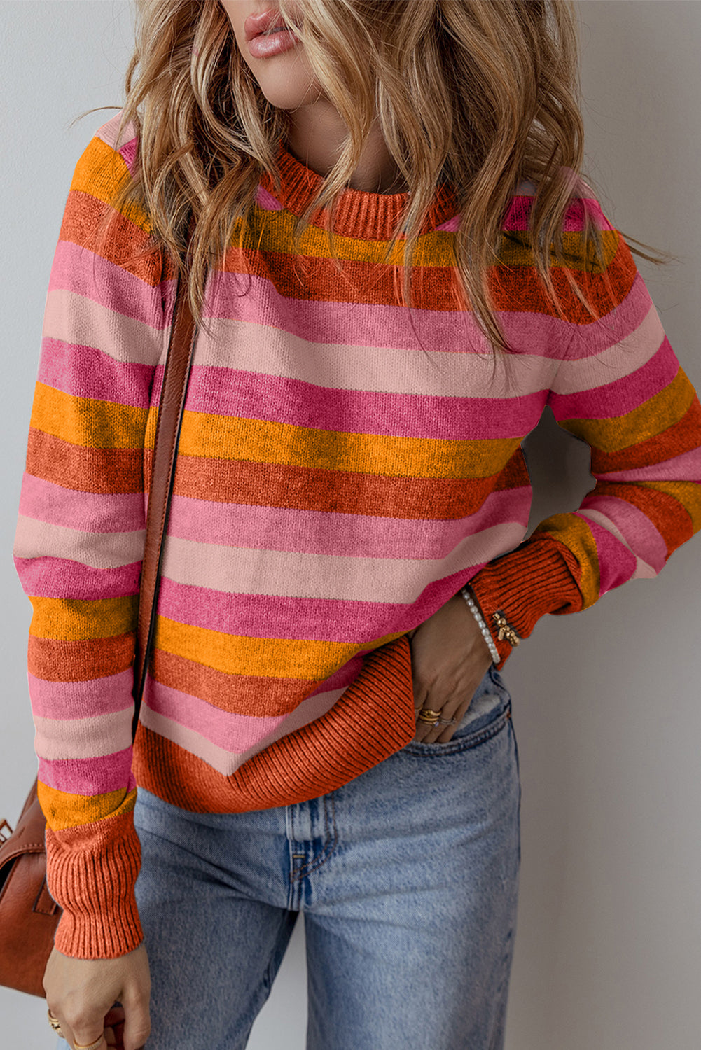 Gray Stripe Colour Block Ribbed Edge Round Neck Women’s Sweater