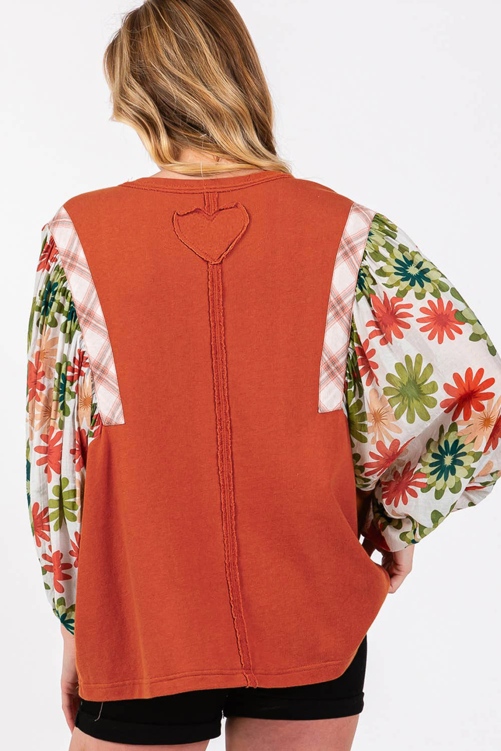 Desert Gold Floral Patchwork Blouse Puff Sleeve Round Neck Casual Top