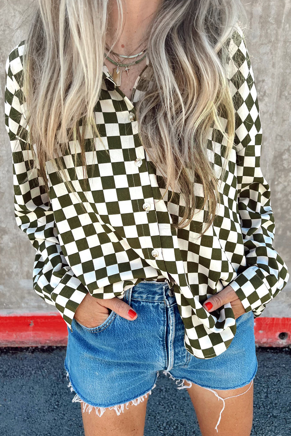 Green Checkerboard Printed Drop Shoulder Loose Women’s Casual Shirt