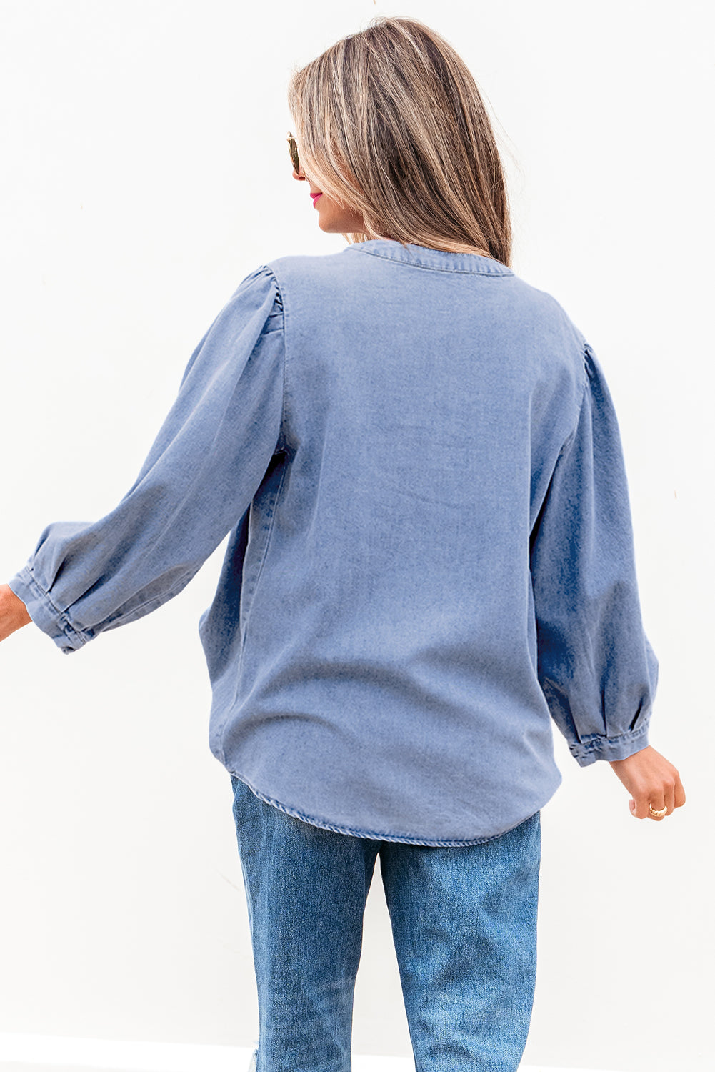 Women’s Myosotis Denim Front Pintuck Bow Tie Puff Sleeve Top