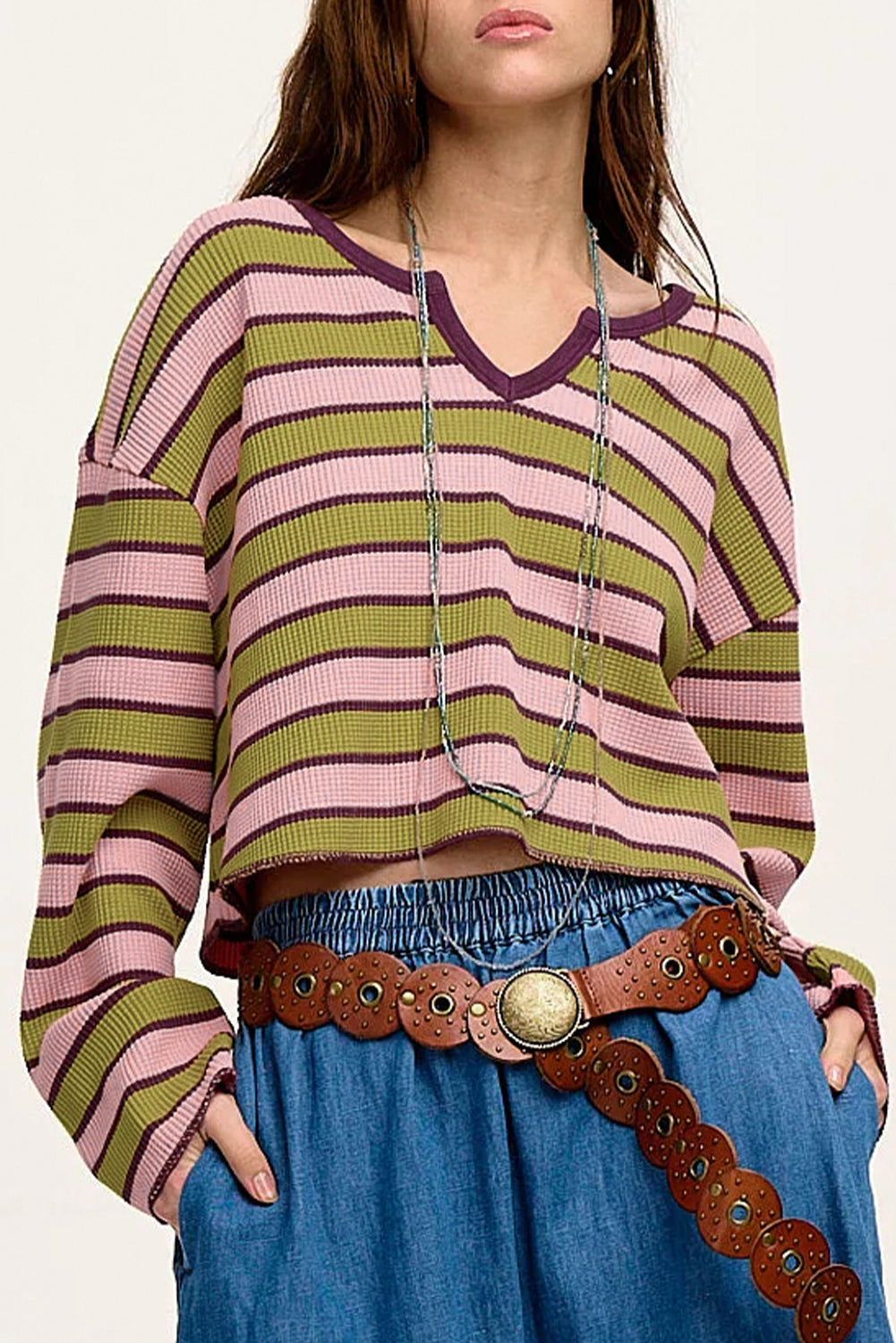 Spinach Green Striped Waffle Knit Top Notched Neck Long Sleeve Casual Top