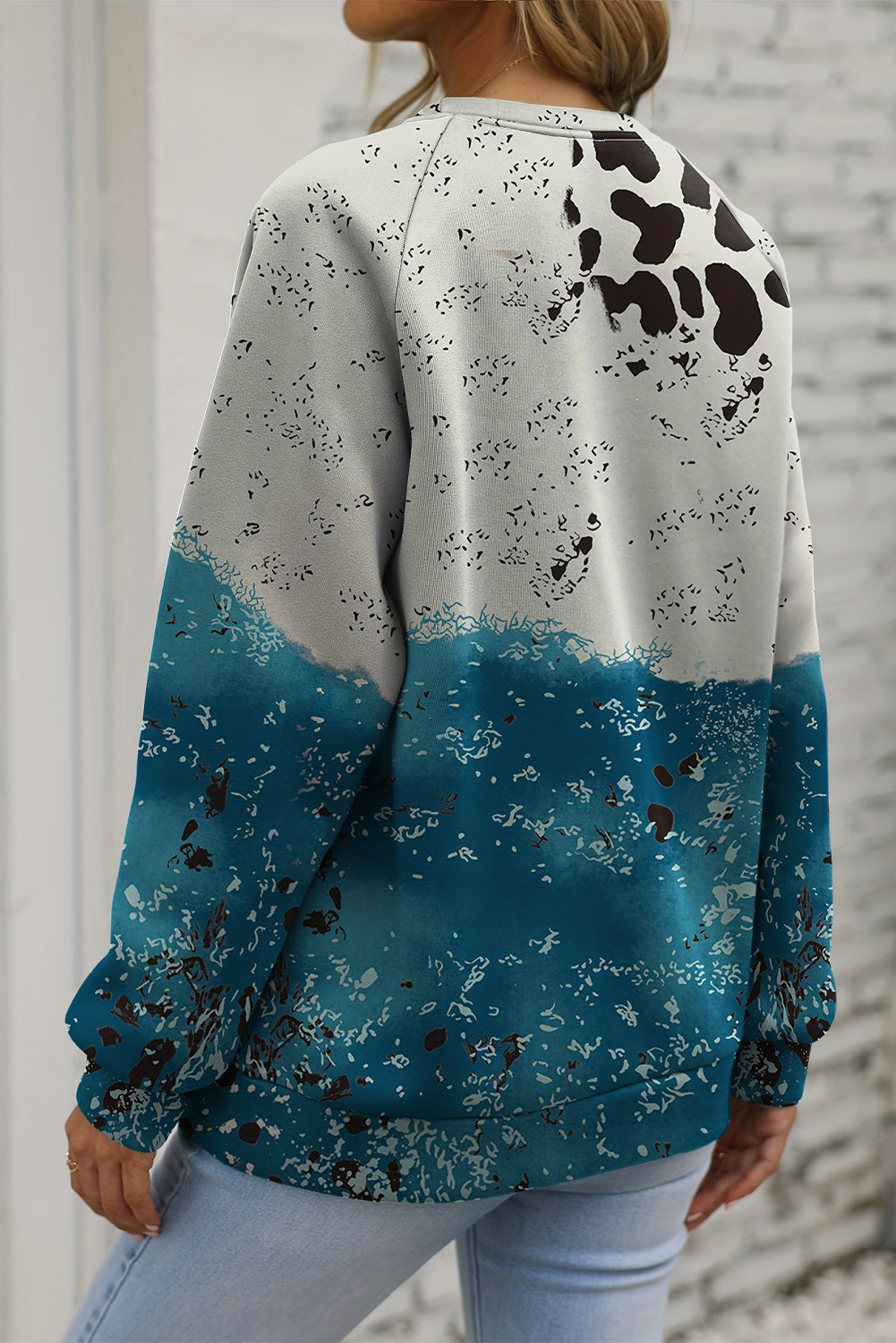 Blue Tie Dye Cow Colour Block Pullover Sweatshirt Women’s Casual Top