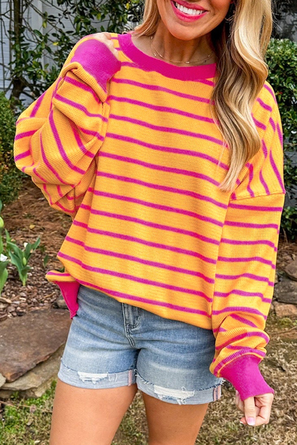Orange Stripe Trimmed Round Neck Drop Shoulder Women’s Loose Sweater