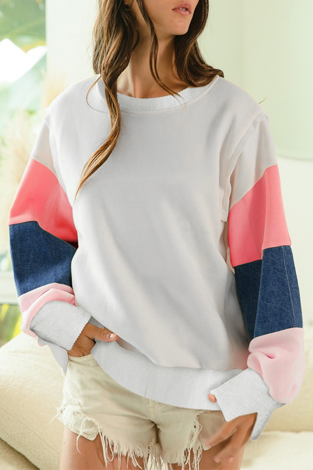 White French Terry Colour Block Long Sleeve Top Women’s Casual Fashion